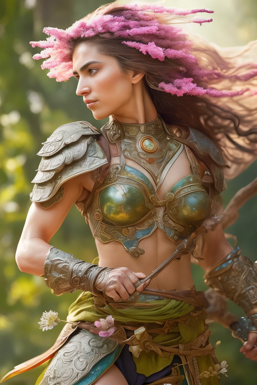 Create a highly detailed digital art of a warrior inspired by the month of June -- arresting the essence of strength and grace in every pixel, encased in intricately rendered armor and brandishing weapons that gleam with meticulous craftsmanship. The background whispers serenity, with a panorama of a lush landscape bathed in the soft glow of sunlight, lush greenery quivering gently in the breeze, and an array of vibrant, blooming flowers casting dappled light on the scene.

The warrior, poised and dynamic, is depicted in a pose agile and ready for battle -- the very embodiment of composure and unwavering resolve. Lighting swe