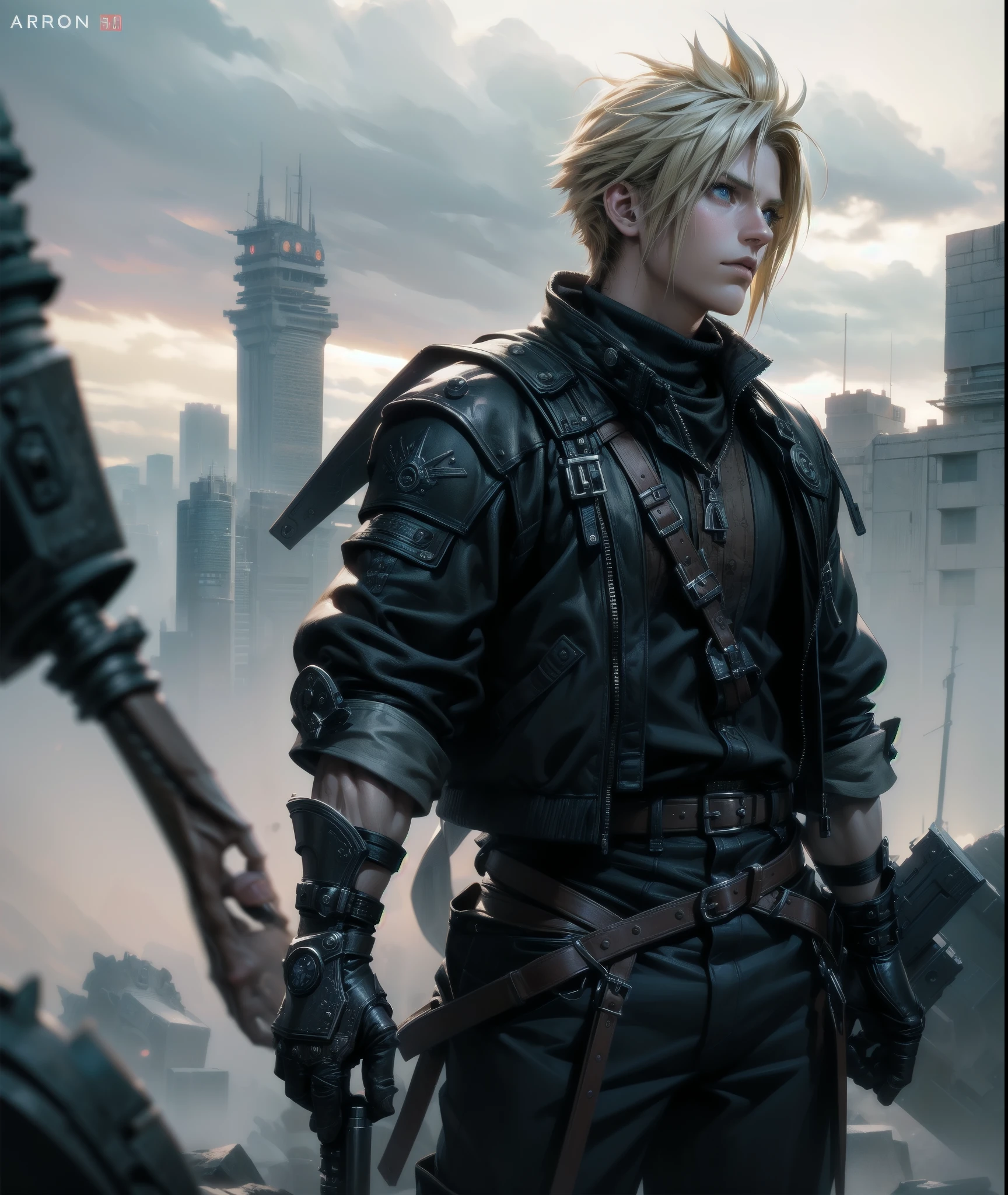 Canon 5D, A stunning and fierce 3D rendering of Cloud Strife from Final Fantasy 7., featuring intricate Detalles and a powerful finish. El personaje debe tener una apariencia fuerte y segura., a muscular build, and a fierce expression. el entorno debe representarse como un campo de batalla grandioso y majestuoso, with a focus on bold and dramatic colors that create a feeling of power and strength.. The lighting should be dramatic and intense, highlighting character traits and creating a sense of grandeur and majesty. la pose debe ser fuerte e imponente, conveying a sense of strength and authority. the final output should be a Obra maestra of 3d rendering, Capturando la esencia de la personalidad feroz y poderosa de Cloud Strife., and evoke a sense of awe and admiration in the viewer. —c 10 —ar 2:3. —c 10 —ar 2:3 Obra maestra, Mejor calidad, realista, hyper realista, sharp focus, absurdos, buena anatomia, realista, hyper realista, cinematographic, character design, arte conceptual, muy detallado illustration, arte digital, pintura digital, Profundidad de campo , cara detallada, muy detallado, intricate Detalles, symmetrical, Volumetric lighting, luz ambiental, tiempo real, efectos visuales, digital 3d, HD, HDR (photorealista face:1. 2), (8K), (4k), (Obra maestra), (Mejor calidad), illustration, soft lighting, (specular lighting:1. 4), (piel muy detallada:1. 2), Rostro masculino guapo , Hermosa cara perfecta , perfect anatomy, cinematographic shot photo taken by arri canon fuji kodak, incredibly detailed, afilar, Detalles, Professional lighting, cinema lighting, sala de luz, cinematography