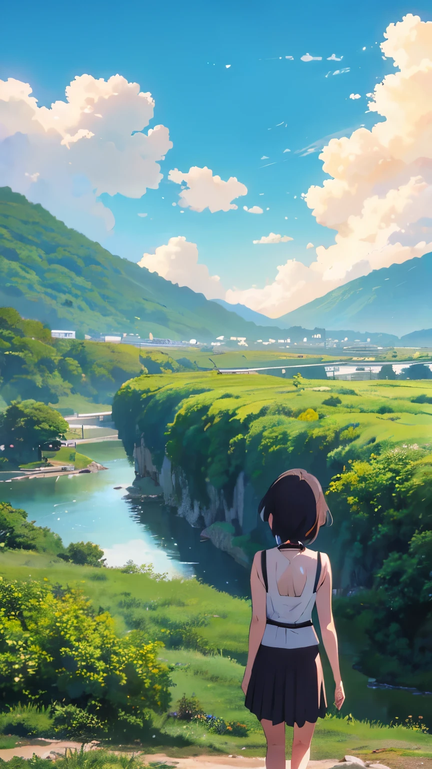anime girl standing on a rock looking at the sky, makoto shinkai cyril rolando, ( ( makoto shinkai ) ), makoto shinkai. —h 2160, in style of makoto shinkai, makoto shinkai!, inspired by Makoto Shinkai, anime sky, your name, centimeters away from my face