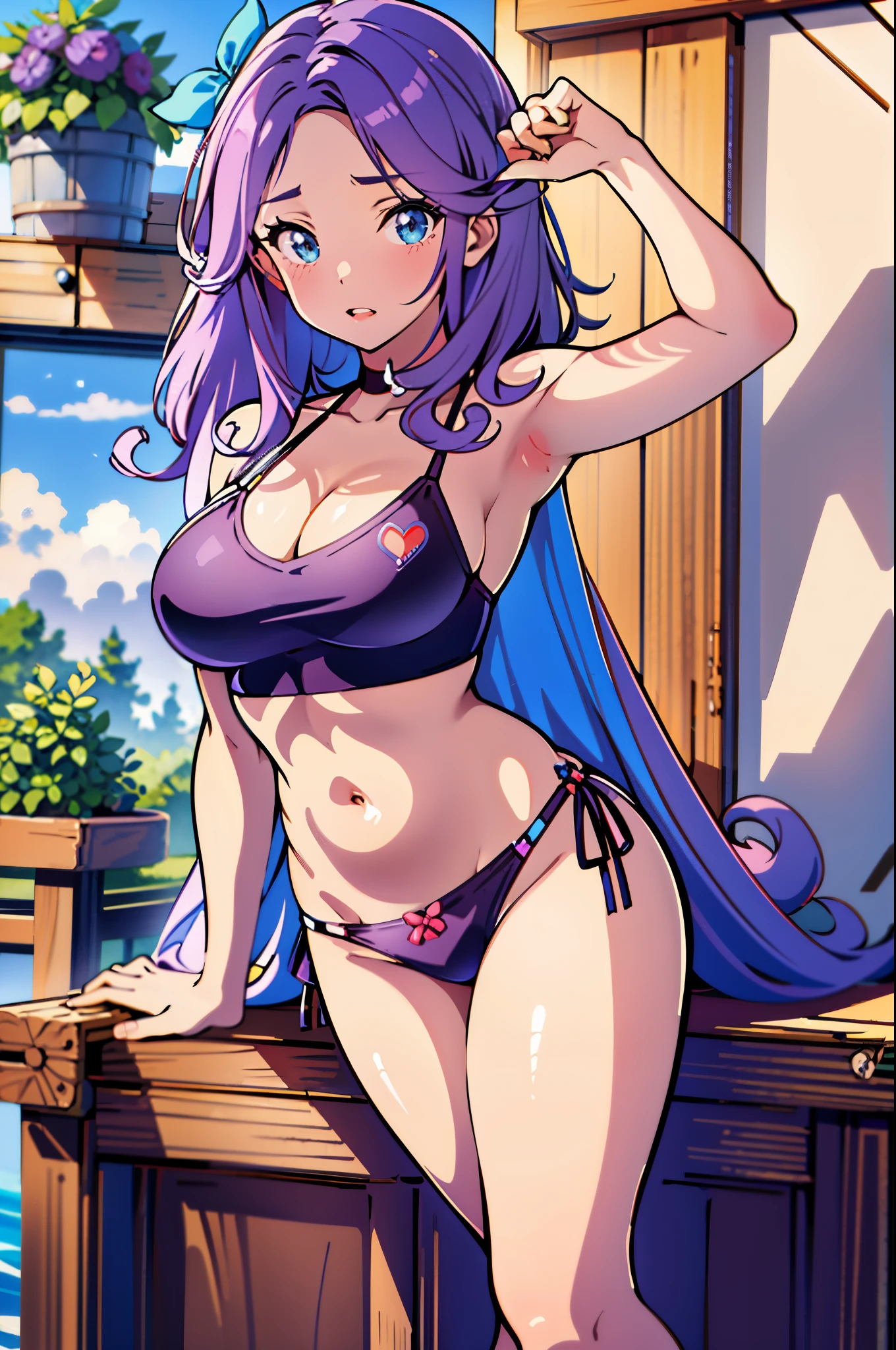 (masterpiece, top quality, best quality),1girl,full body, Abigail, purple hair, bow, bikini, medium breasts, cleavage, midriff