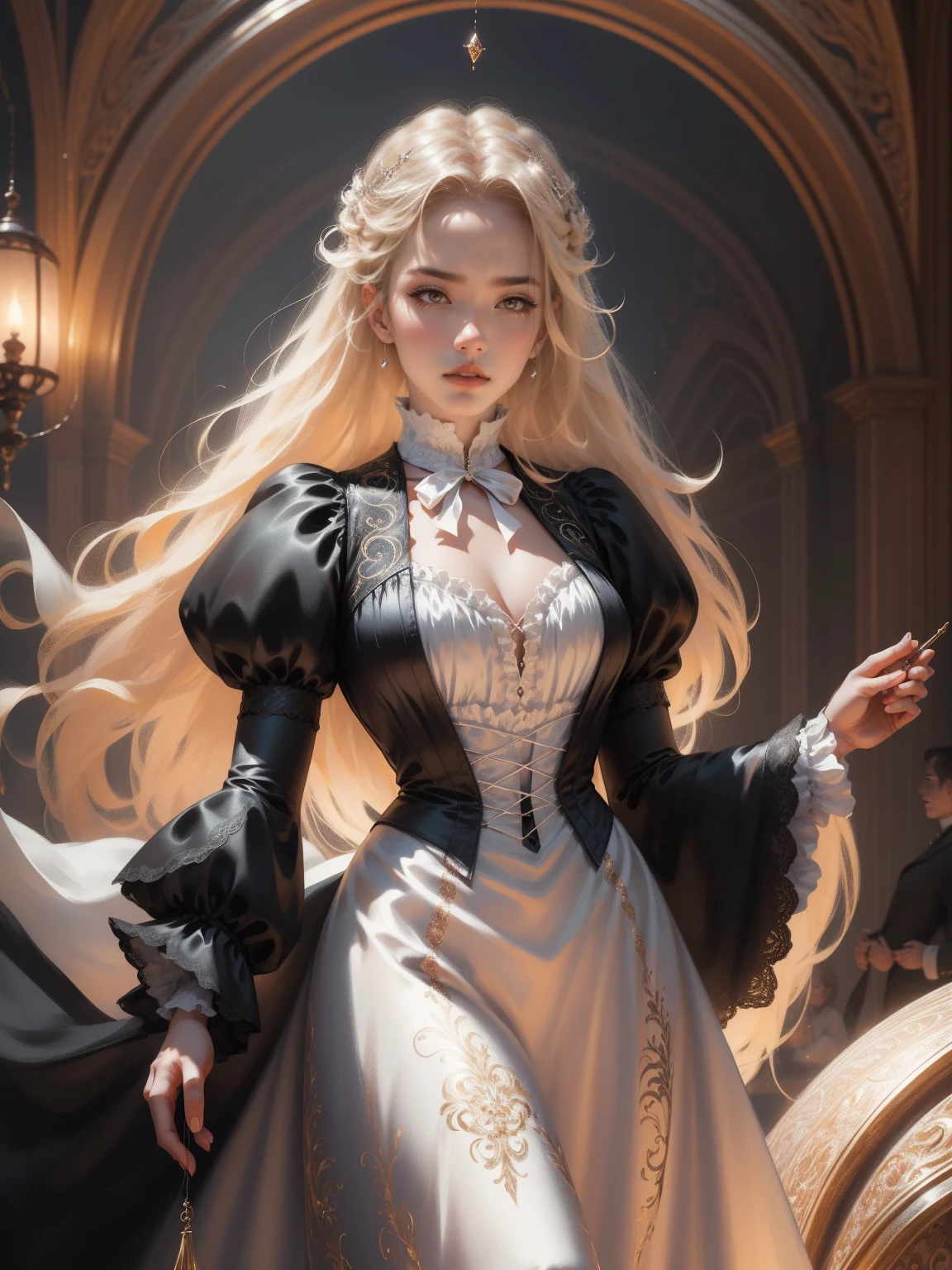 { - anatomy error}(Masterpiece - Ultra-detailed, very high resolution) Prepare to be enchanted by a true masterpiece that combines ultra-detailed art with high-resolution rendering. This work depicts a mesmerizing woman with very long blond hair (1.3) and captivating gray eyes (1.2), emanating an aura of elegance and mystery in Victorian settings. The intricate details and realistic textures invite you to explore every aspect of this enchanting composition. Woman wearing beautiful classic Victorian costume from the year 1878. Red lips. Happy face. Smiling. brown-white dress. Walking, writing, lying down, standing, on your back, dynamic poses. Get ready to dive into a world where beauty and craftsmanship merge perfectly.