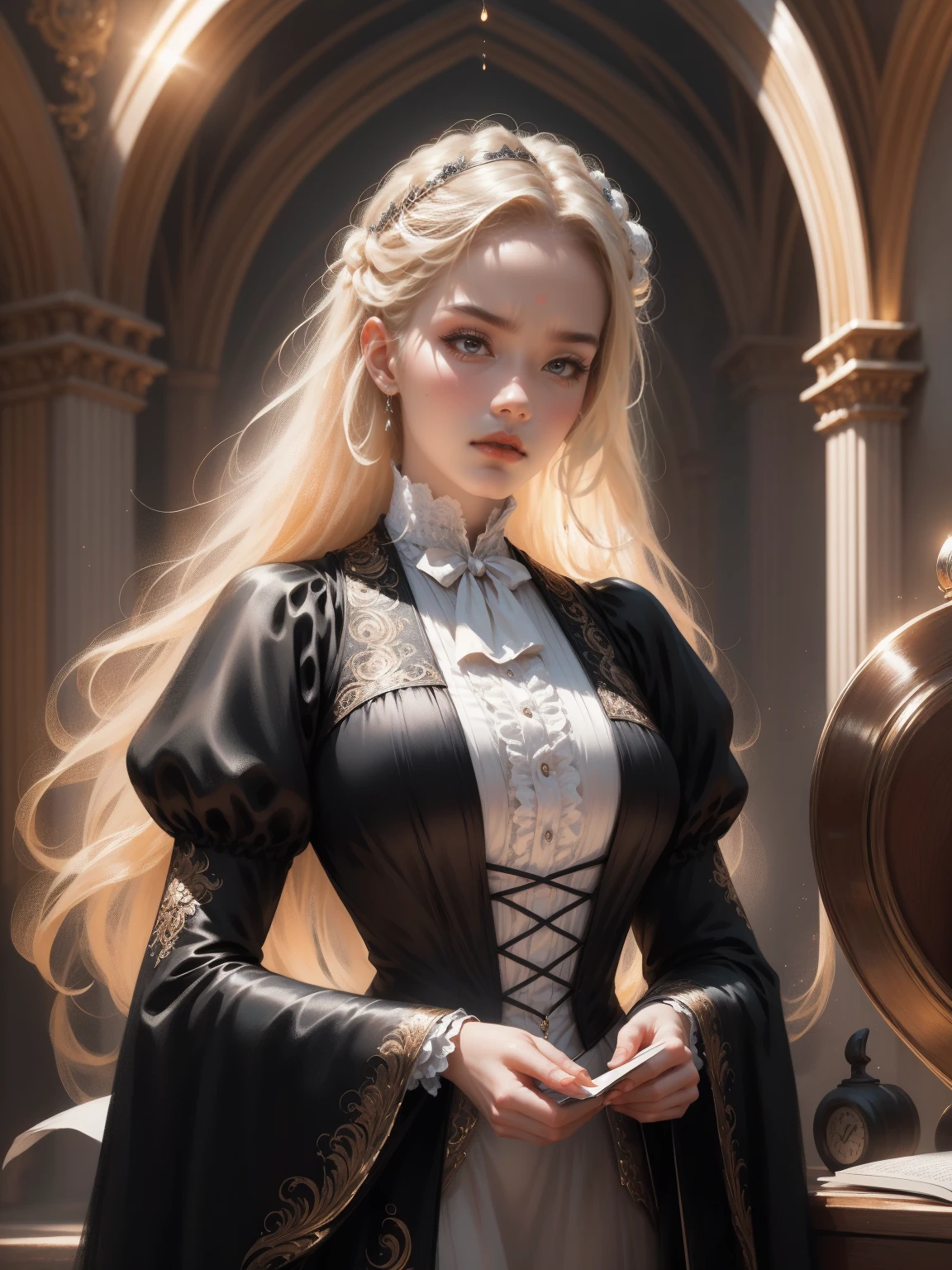 { - anatomy error}(Masterpiece - Ultra-detailed, very high resolution) Prepare to be enchanted by a true masterpiece that combines ultra-detailed art with high-resolution rendering. This work depicts a mesmerizing woman with very long blond hair (1.3) and captivating gray eyes (1.2), emanating an aura of elegance and mystery in Victorian settings. The intricate details and realistic textures invite you to explore every aspect of this enchanting composition. Woman wearing beautiful classic Victorian costume from the year 1878. Red lips. Happy face. Smiling. brown-white dress. Walking, writing, lying down, standing, on your back, dynamic poses. Get ready to dive into a world where beauty and craftsmanship merge perfectly.