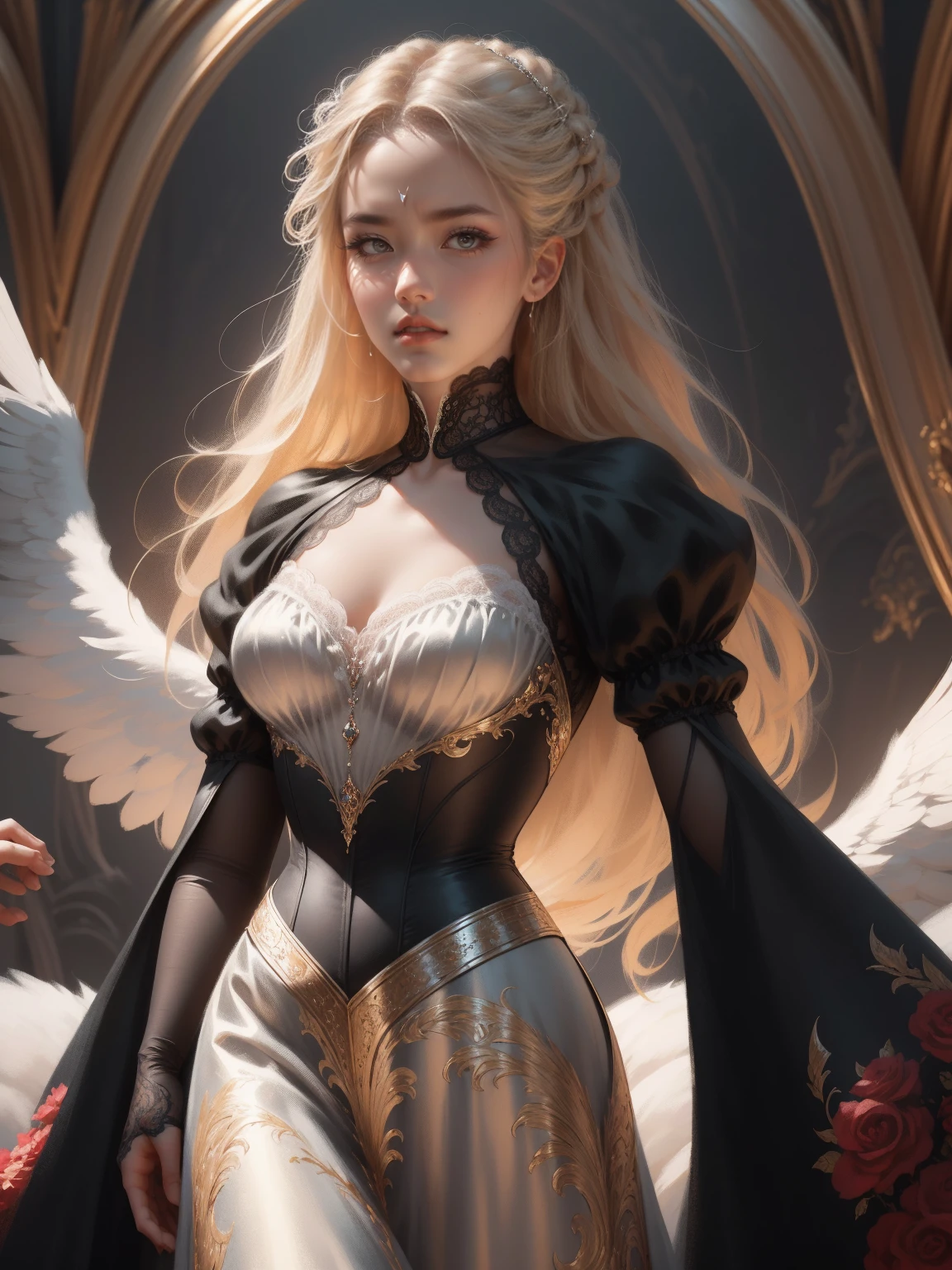 ((best quality)), ((masterpiece)), (detailed), 1girl, off-shoulder, Character design, female, dynamic poses, long white grey hair, grey white eyes, very skinny, detailed, best quality, no accesoires around the neck, no shoes, prominent collarbones, skinny arms, flat stomach, visible hip bones, full body, blank white background, plain background, white background, red and white clothing, Bloodborne inspired, occult aesthetic, occult, detailed and intricate steampunk and detailed gothic, NSFW, Very dramatic and cinematic lighting, cosmic horror, grim-dark, side-lighting, perfect face, NSFW, Fluttering lace flared long knee length dress with frilly petticoats, knee length dress, pleated petticoats, petticoats gothic, complex lace boots, side-lighting, gothic lolita aesthetic, wielding a mighty sword with mechanical components, mandalas, small breasts, a fairy, various different types of insect wings, NSFW, full body, whole body, body, plain background, white background, blank background, no background, white background NSFW, chains, full body, whole body, head-to-toe NSFW