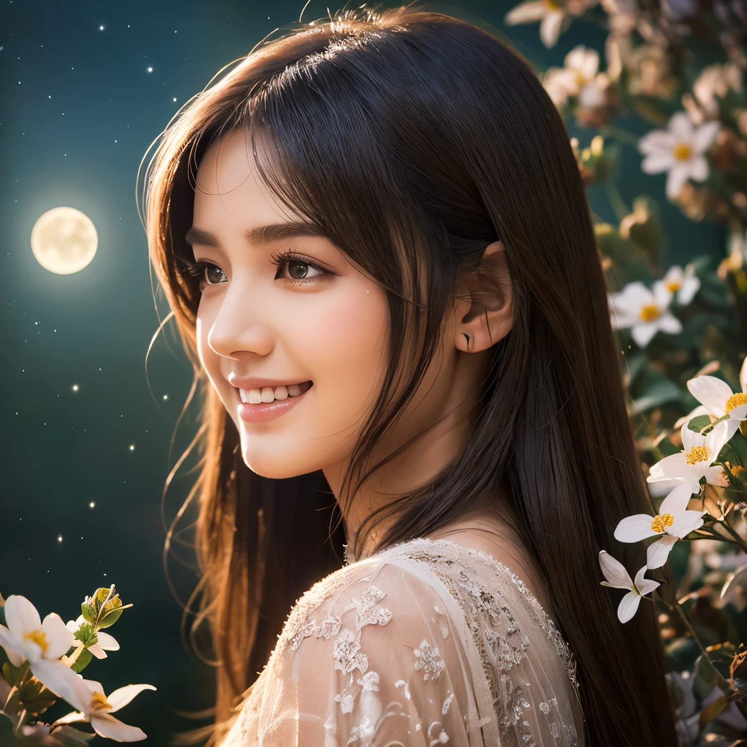 (masterpiece),(best quality), illustration, (fantasy:1.4), brown long hair, long eye lashes, solid circle eyes, light smile, Surrealism, drop shadow, anaglyph, stereogram, atmospheric perspective, 8k, super detail, accurate, best quality, UHD, textured skin, long dress, a moon, flowers , paper_cut