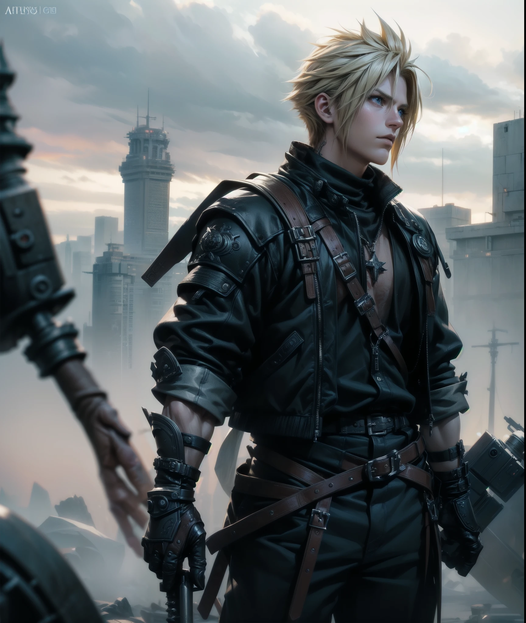 Canon 5D, A stunning and fierce 3D rendering of Cloud Strife from Final Fantasy 7., featuring intricate Detalles and a powerful finish. El personaje debe tener una apariencia fuerte y segura., a muscular build, and a fierce expression. el entorno debe representarse como un campo de batalla grandioso y majestuoso, with a focus on bold and dramatic colors that create a feeling of power and strength.. The lighting should be dramatic and intense, highlighting character traits and creating a sense of grandeur and majesty. la pose debe ser fuerte e imponente, conveying a sense of strength and authority. the final output should be a Obra maestra of 3d rendering, Capturando la esencia de la personalidad feroz y poderosa de Cloud Strife., and evoke a sense of awe and admiration in the viewer. —c 10 —ar 2:3. —c 10 —ar 2:3 Obra maestra, Mejor calidad, realista, hyper realista, sharp focus, absurdos, buena anatomia, realista, hyper realista, cinematographic, character design, arte conceptual, muy detallado illustration, arte digital, pintura digital, Profundidad de campo , cara detallada, muy detallado, intricate Detalles, symmetrical, Volumetric lighting, luz ambiental, tiempo real, efectos visuales, digital 3d, HD, HDR (photorealista face:1. 2), (8K), (4k), (Obra maestra), (Mejor calidad), illustration, soft lighting, (specular lighting:1. 4), (piel muy detallada:1. 2), Rostro masculino guapo , Hermosa cara perfecta , perfect anatomy, cinematographic shot photo taken by arri canon fuji kodak, incredibly detailed, afilar, Detalles, Professional lighting, cinema lighting, sala de luz, cinematography