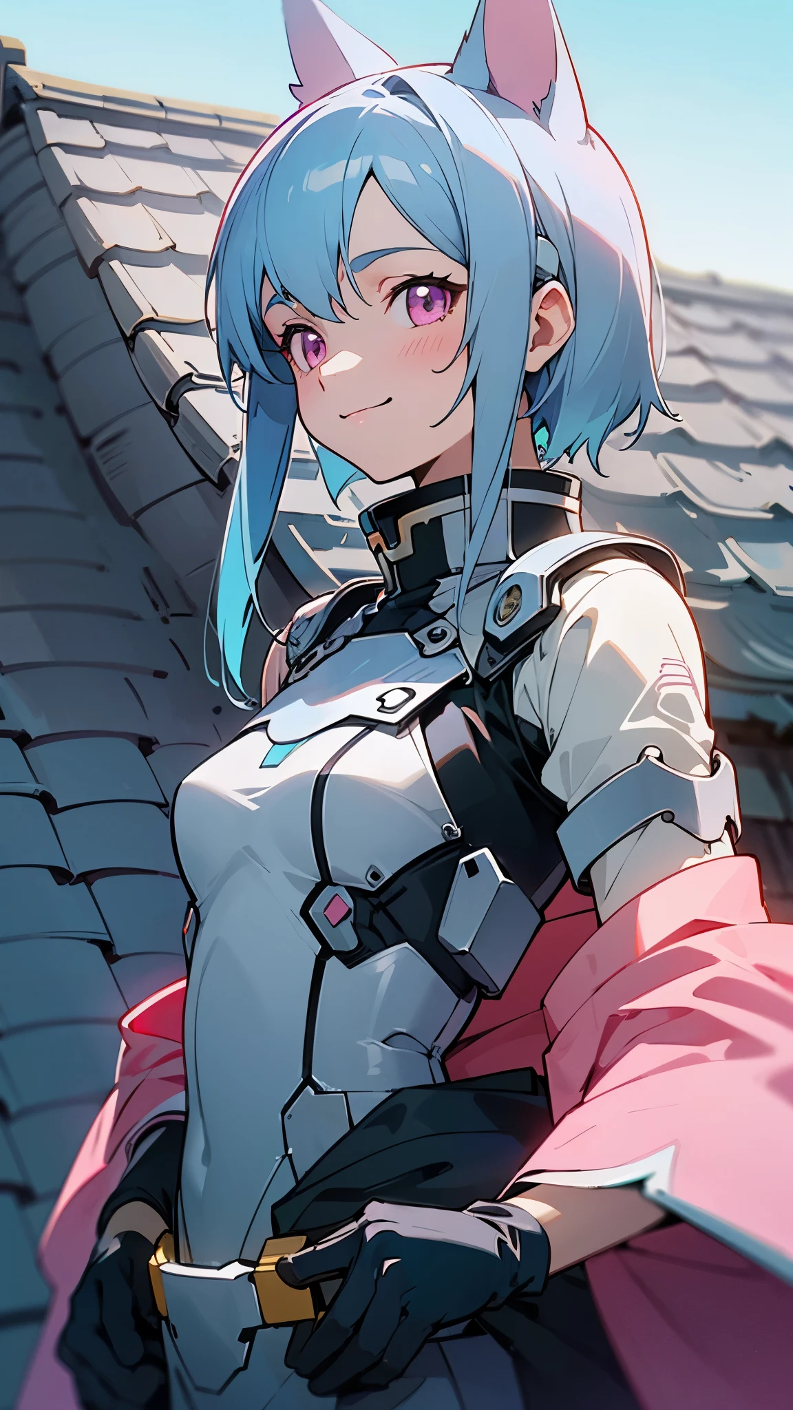 detailed、1 character、pastel washed out colors、cell shade、Soft and calm colors、gentle color、Blue archive art style、Sword Art Online and wearing futuristic style clothes、Beautiful woman、small breasts、light blue hair、dog ears、pink eyes、From the side、gloves、bright smile、upper body close-up、blue sky、Large rooftop、sharp outline