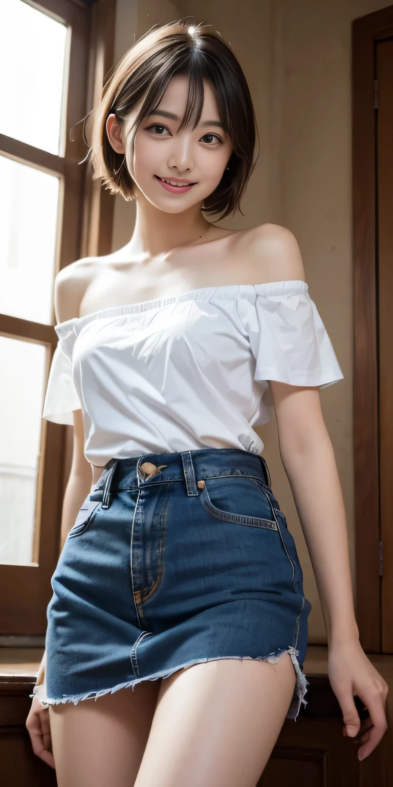 (8k,RAW photo、RAW photo、highest quality、master masterpiece:1.2)、1girl、1middle aged male、Super detailed、super resolution、(Photoreal:1.3)、((shot from below)),((cowboy shot:1.4))、Clearly depicts the shadows of light、High resolution RAW color photos、Living room where you can take professional photos:1.4)))、I draw it faithfully to the anatomy....、very detailed and beautiful、super high quality、((extremely short hairstyles:1.4))、((ドアの前に立っているgirl:1.4))、((White collar short sleeve off shoulder open cotton shirt:1.4))、((white short sleeve off shoulder cotton shirt:1.4))、((Denim skirt that highlights your thighs:1.4))、Upper body、((ポシェットを肩に掛けているgirl:1.4))、((smile:1.4))、