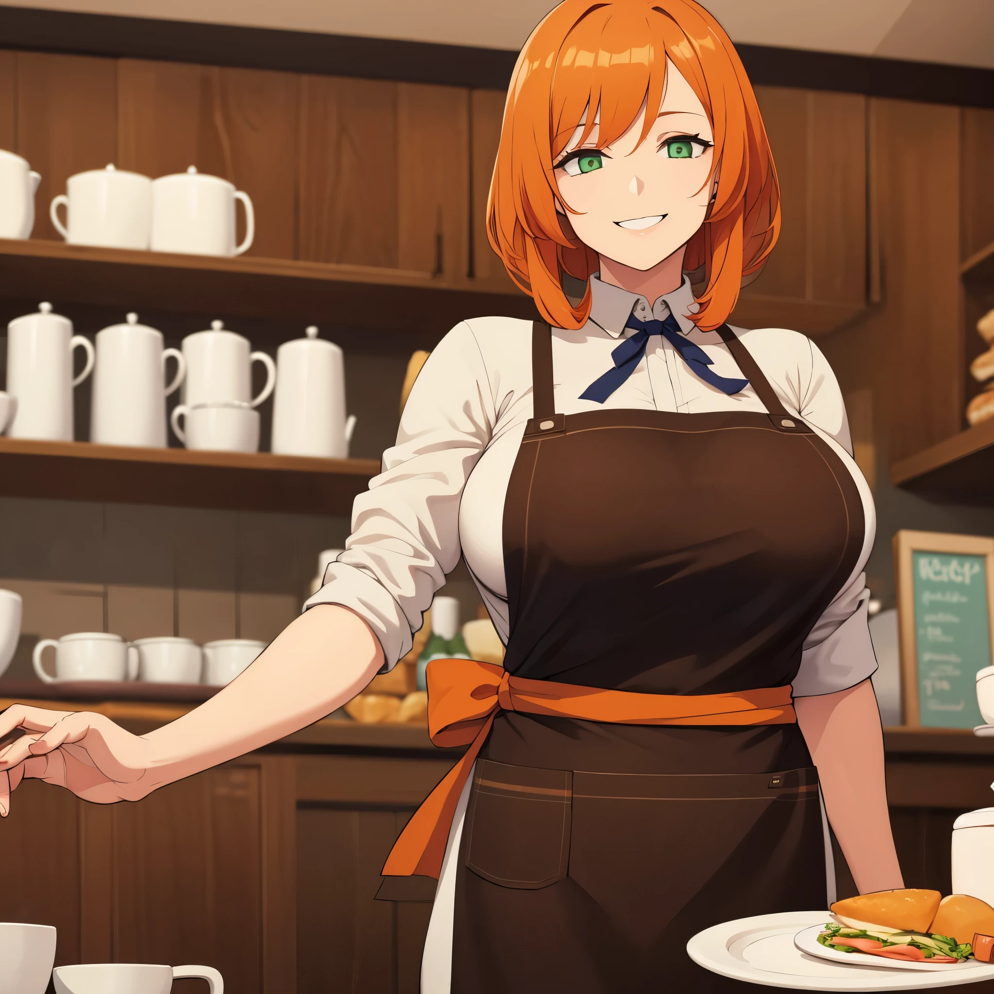 a woman wearing an apron, orange hair, green eyes smiling in a coffee shop serving a tray with breakfast, big breast
