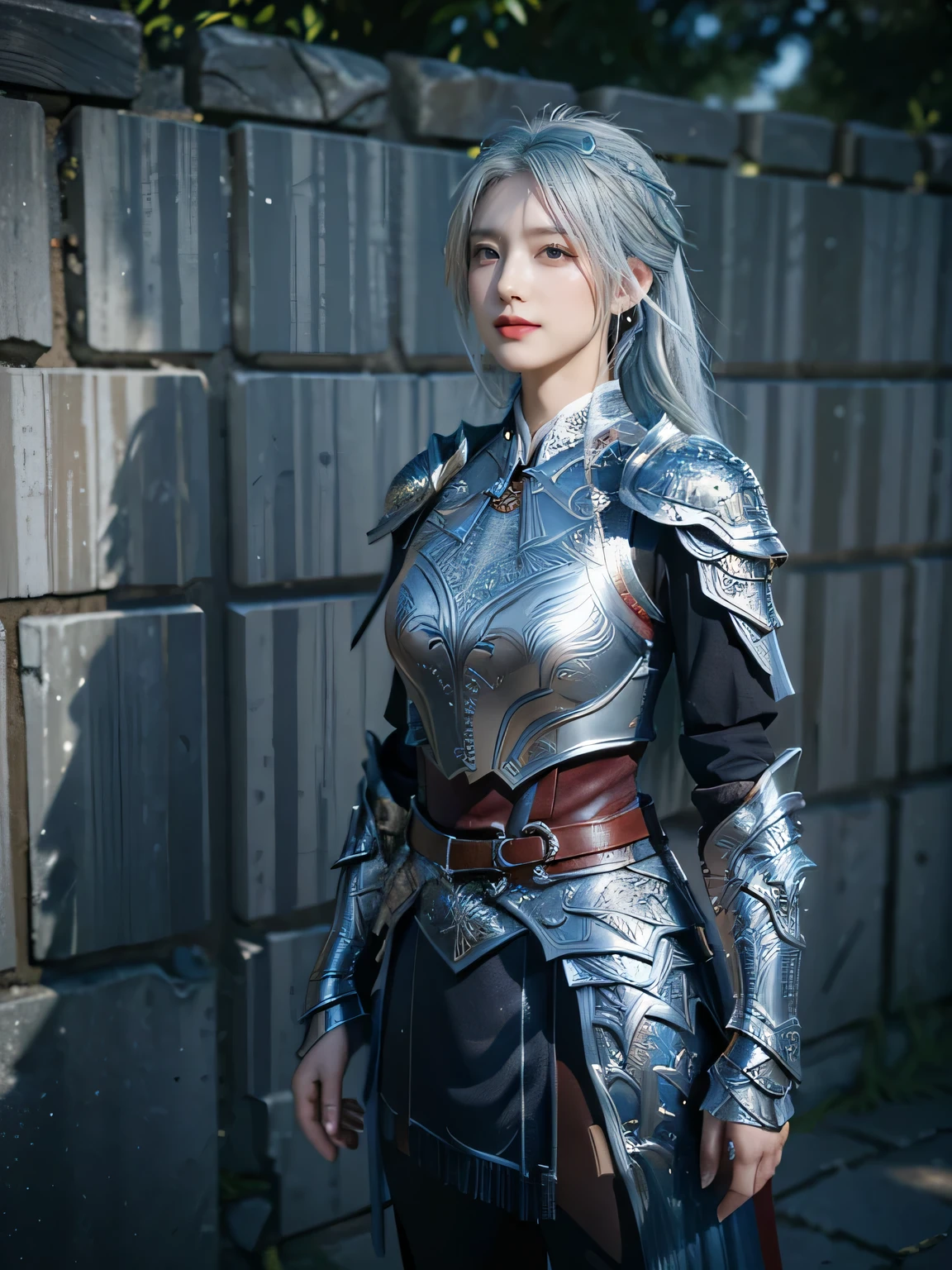 masterpiece，Best quality，A high resolution，8K，Original photo，real photo，Ancient city wall battlefield background,((field：1.8))，digital photography，(Female generals on the battlefield in the Han Dynasty)，(((Standing outside the ancient city wall)))，18-year-old girl，（long ponytail hairstyle)，cparted lips，Full and erect breasts，Noble and charming，Elegant and serious，(Thick silver fish scale armor），Blue by Capelet，((Hair tied high，white hair))，The combination of white metal and red leather，Chest covered with gold armor，metallic luster，Leather buckle，Exquisite pattern，mysterious badge，Cool and gorgeouig breasts))，Chest groove，Three Kingdoms character painting style，Photo pose，oc render reflection texture，gloomy weather，charming smile，Head-up shot，