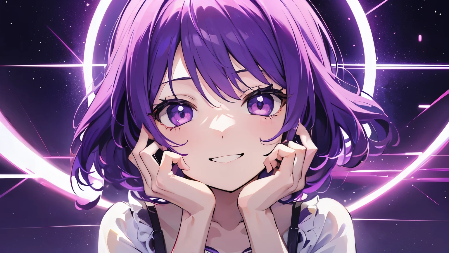 (T Masterpiece，4k wallpaper，best quality))、((girl１people))、(solo)、Shining and vivid，(purple hair)、(shortcut:1.3)、smile、birthday