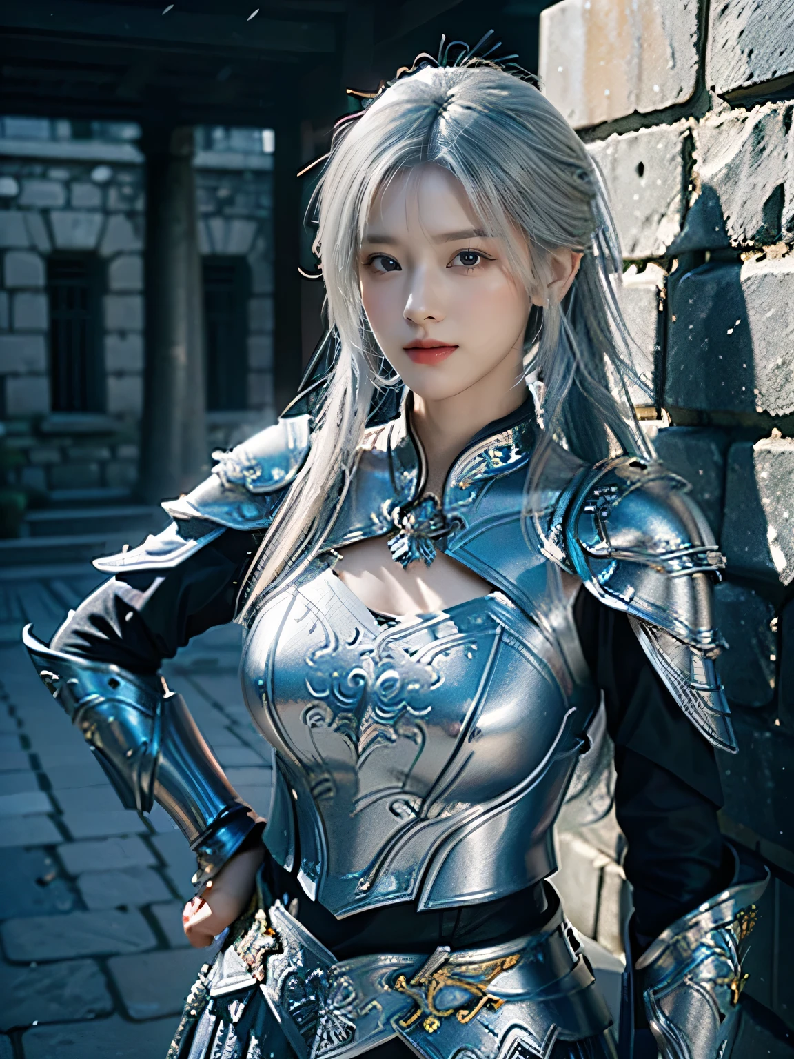 masterpiece,Best quality,A high resolution,8K,Original photo,real photo,Ancient city wall battlefield background,((field:1.8)),digital photography,(Female generals on the battlefield in the Han Dynasty),(((Standing outside the ancient city wall))),18-year-old girl,(long ponytail hairstyle),cparted lips,Full and erect breasts,Noble and charming,Elegant and serious,(Thick silver fish scale armor),Blue by Capelet,((Hair tied high,white hair)),The combination of white metal and red leather,Chest covered with gold armor,metallic luster,Leather buckle,Exquisite pattern,mysterious badge,Cool and gorgeouig breasts)),Chest groove,Three Kingdoms character painting style,Photo pose,oc render reflection texture,gloomy weather,charming smile,Head-up shot,