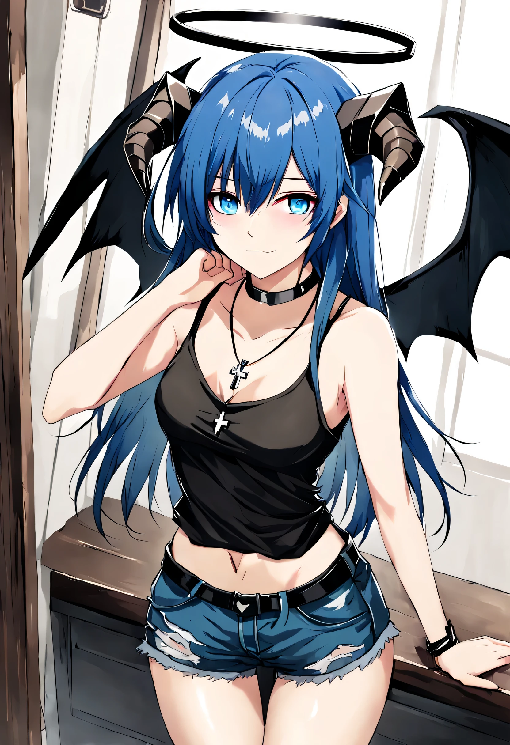 1 girl,1 girl,long hair,alone,armpit,halo,blue hair,blue Eye,shorts,trumpet,bridge (Ark Night),watching exist audience,Smile,demon Tail,breast,cross,Tail,cross necklace,necklace,wing,Cowboy shooting,short shorts,demon trumpet,denim shorts,denim,shirt,blue shorts,thigh,Black shirt,clavicle,Keep your mouth shut,Dutch Cape,exist室内,sleeveless,Vest,Bangs,split,Permanently installed,small breast,detached wing,blush,devil girl,bare Shoulders,
bridge\(Ark Night\),alone,long_hair,white_background,watching_exist_audience,simple_background,cross,collar,Black_collar,leaveicial_alternexiste_Costumes,necklace,leave_Shoulder,superior_Body,Bangs,hair_between_Eye,