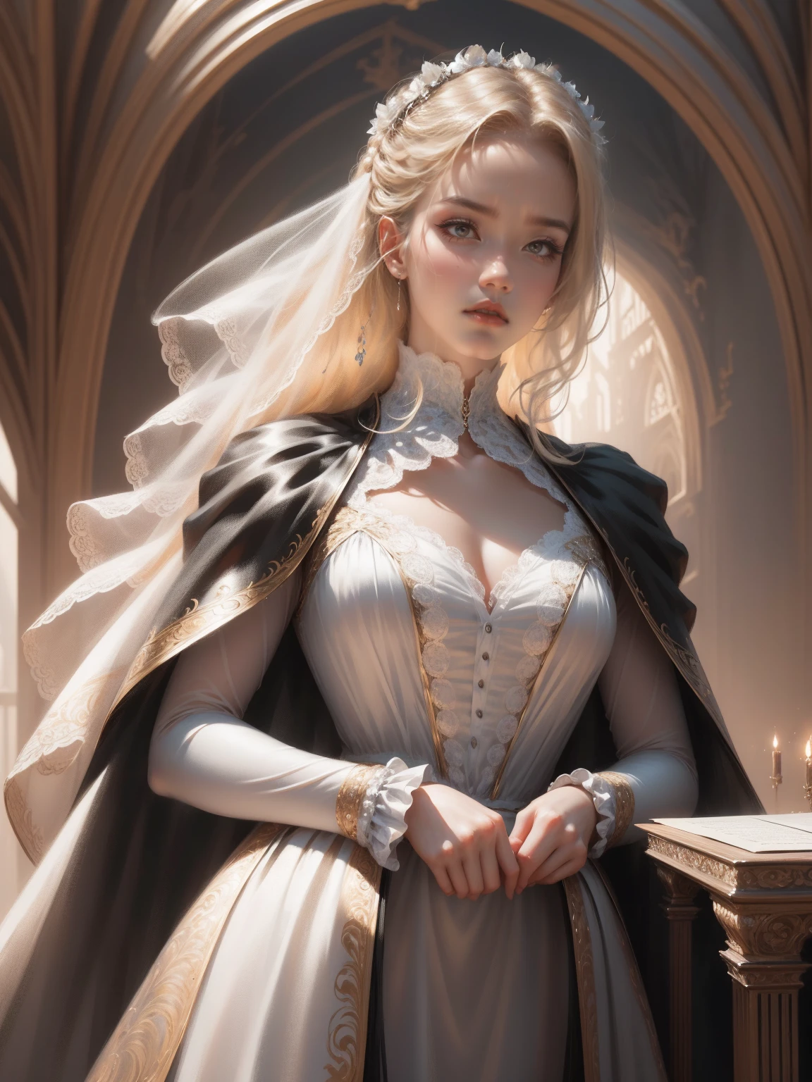 { - anatomy error}(Masterpiece - Ultra-detailed, very high resolution) Prepare to be enchanted by a true masterpiece that combines ultra-detailed art with high-resolution rendering. This work depicts a mesmerizing woman with very long blond hair (1.3) and captivating gray eyes (1.2), emanating an aura of elegance and mystery in Victorian settings. The intricate details and realistic textures invite you to explore every aspect of this enchanting composition. Woman wearing beautiful classic Victorian costume from the year 1878. Red lips. Happy face. Smiling. white dress. Walking, writing, lying down, standing, on your back, dynamic poses. Get ready to dive into a world where beauty and craftsmanship merge perfectly.