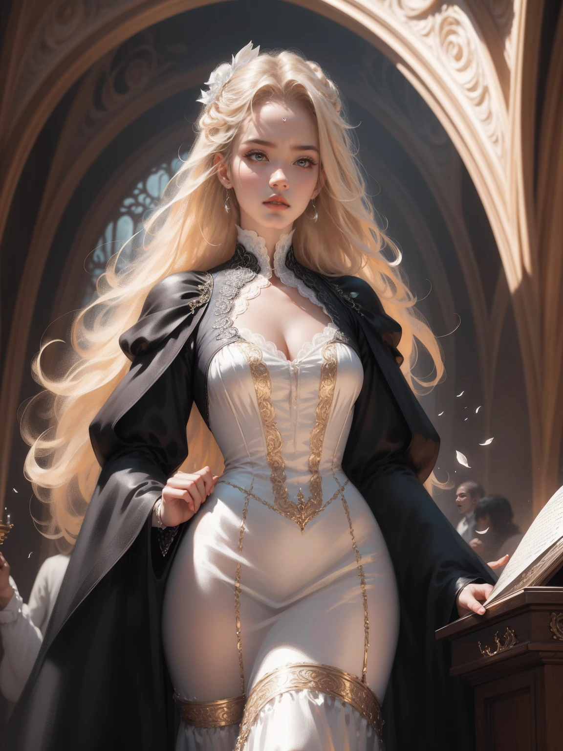 { - anatomy error}(Masterpiece - Ultra-detailed, very high resolution) Prepare to be enchanted by a true masterpiece that combines ultra-detailed art with high-resolution rendering. This work depicts a mesmerizing woman with very long blond hair (1.3) and captivating gray eyes (1.2), emanating an aura of elegance and mystery in Victorian settings. The intricate details and realistic textures invite you to explore every aspect of this enchanting composition. Woman wearing beautiful classic Victorian costume from the year 1878. Red lips. Happy face. Smiling. white dress. Walking, writing, lying down, standing, on your back, dynamic poses. Get ready to dive into a world where beauty and craftsmanship merge perfectly.