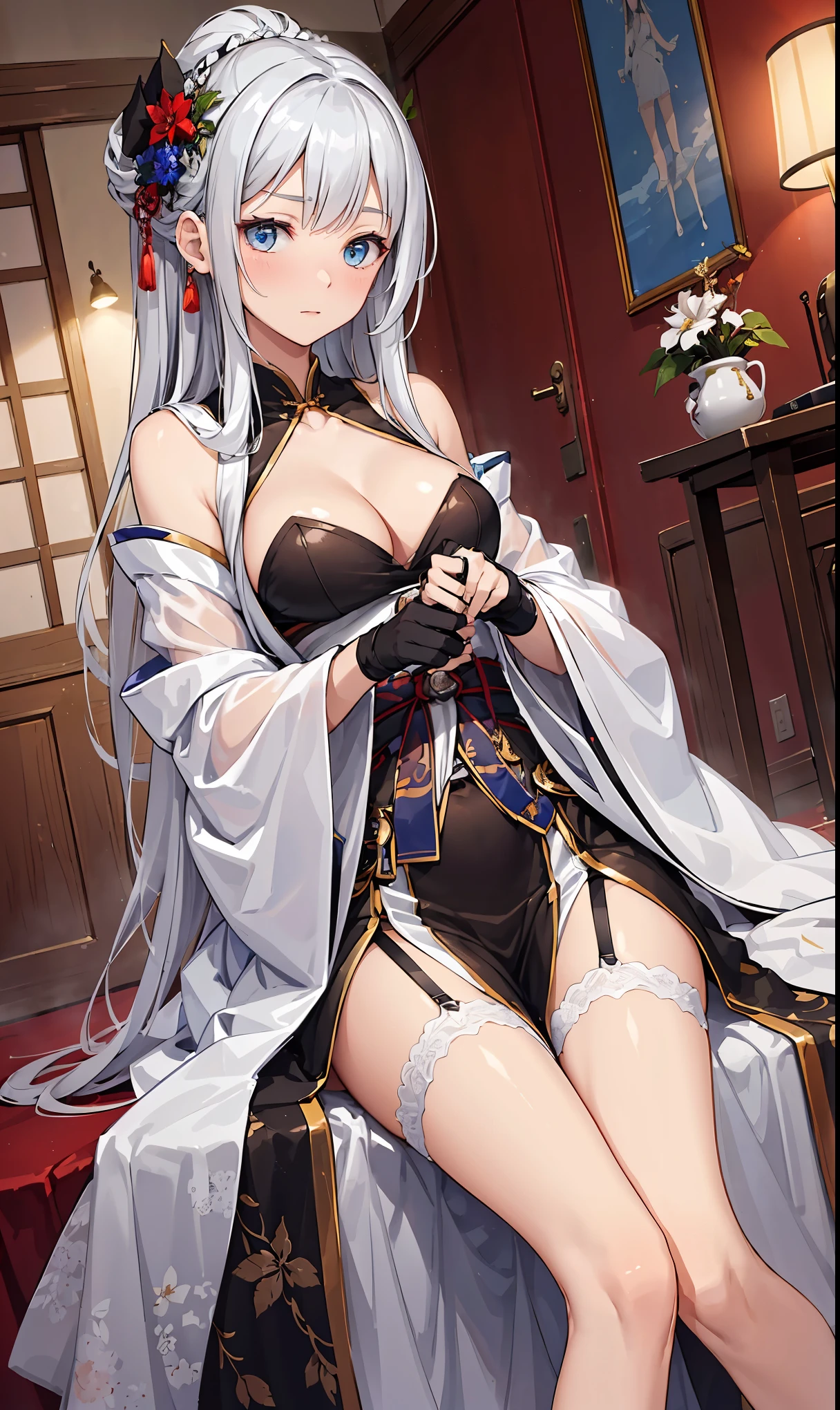 taihou，charm，lol，gentle expression，in love，(Transparent colorful Hanfu，Exquisite and gorgeous design)，black gloves，silver hair，blue eyes，see through transparent clothes，Exquisite hair accessories，Transparent lace，Engraving pattern，dress nicely，In the background is an old Chinese palace，Inside the hall，elegant posture，night，(long garters:1.1），Super super details，Exquisite and beautiful face and eyes