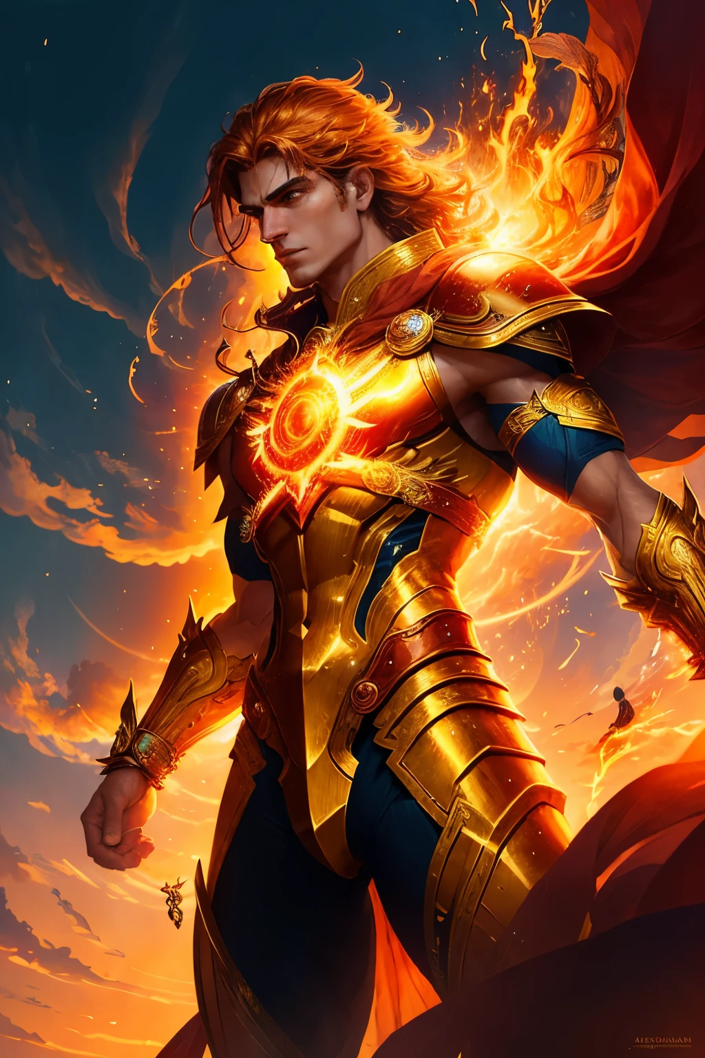 Generate a charismatic male god embodying the Aries zodiac sign, donned in fiery red attire and sporting vibrant red hair, amidst the red-hued landscape of planet Mars, with the radiant sun and flickering flames.