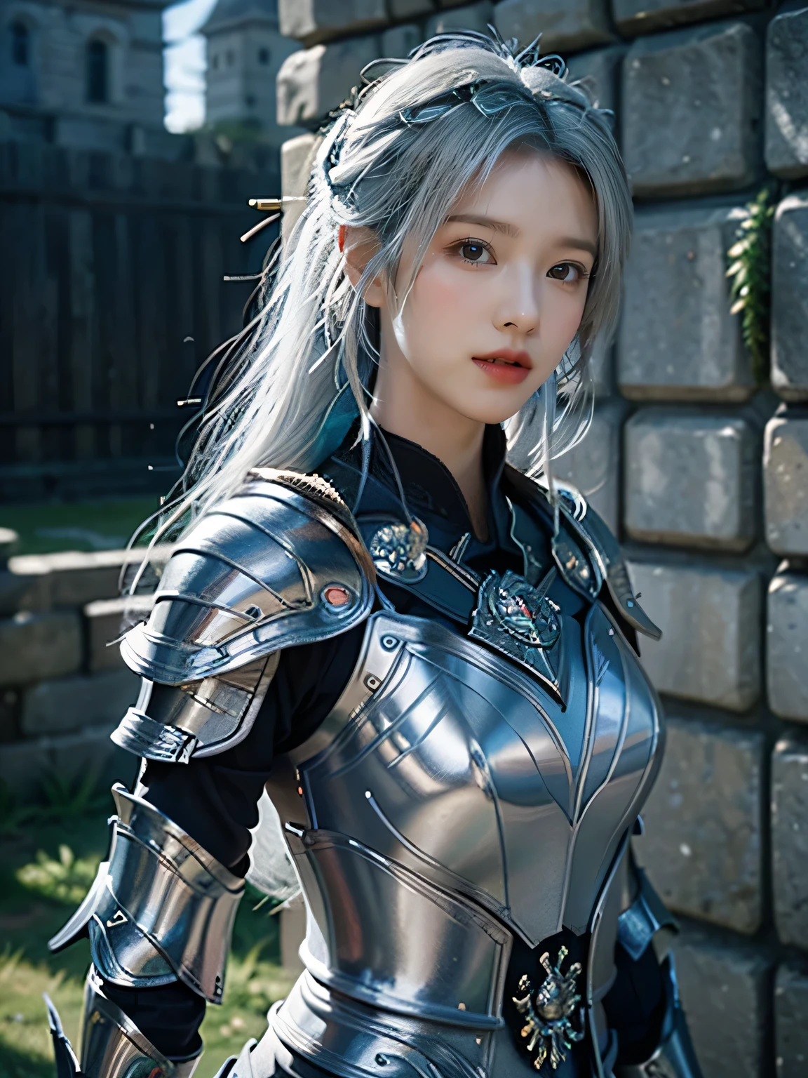 masterpiece，Best quality，A high resolution，8K，Original photo，real photo，Ancient city wall battlefield background,((field：1.8))，digital photography，(Female generals on the battlefield in the Han Dynasty)，(((Standing on the ancient city wall)))，18-year-old girl，（long ponytail hairstyle)，cparted lips，Full and erect breasts，Noble and charming，Elegant and serious，(Thick silver fish scale armor），Blue by Capelet，((Hair tied high，white hair))，The combination of white metal and red leather，Chest covered with gold armor，metallic luster，Leather buckle，Exquisite pattern，mysterious badge，Cool and gorgeouig breasts))，Chest groove，Three Kingdoms character painting style，Photo pose，oc render reflection texture，gloomy weather，charming smile，Head-up shot，