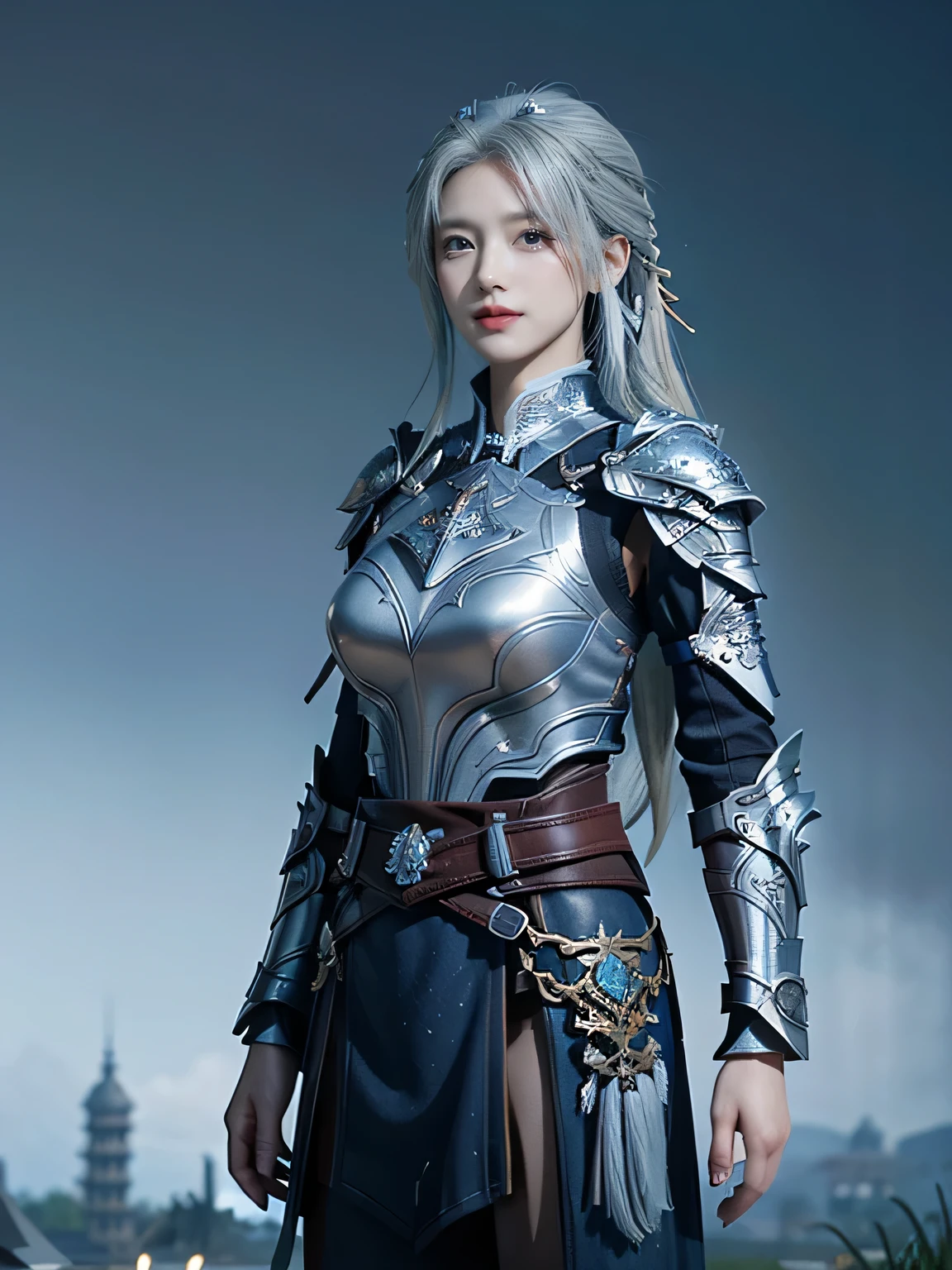masterpiece，Best quality，A high resolution，8K，Original photo，real photo，Ancient city wall battlefield background,((field：1.8))，digital photography，(Female generals on the battlefield in the Han Dynasty)，(((Standing on the ancient tower)))，18-year-old girl，（long ponytail hairstyle)，cparted lips，Full and erect breasts，Noble and charming，Elegant and serious，(Thick silver fish scale armor），Blue by Capelet，((Hair tied high，white hair))，The combination of white metal and red leather，Chest covered with gold armor，metallic luster，Leather buckle，Exquisite pattern，mysterious badge，Cool and gorgeouig breasts))，Chest groove，Three Kingdoms character painting style，Photo pose，oc render reflection texture，gloomy weather，charming smile，Head-up shot，