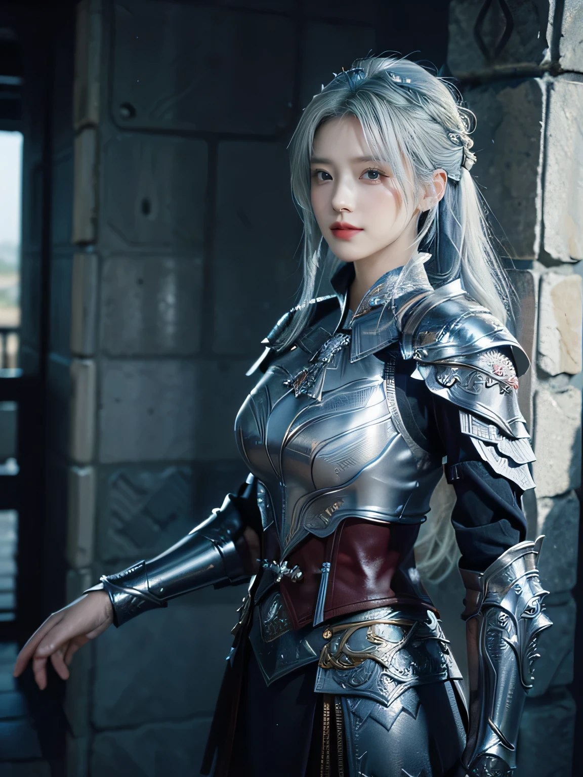 masterpiece,Best quality,A high resolution,8K,Original photo,real photo,Ancient city wall battlefield background,((field:1.8)),digital photography,(Female generals on the battlefield in the Han Dynasty),(((Standing on the ancient tower))),18-year-old girl,(long ponytail hairstyle),cparted lips,Full and erect breasts,Noble and charming,Elegant and serious,(Thick silver fish scale armor),Blue by Capelet,((Hair tied high,white hair)),The combination of white metal and red leather,Chest covered with gold armor,metallic luster,Leather buckle,Exquisite pattern,mysterious badge,Cool and gorgeouig breasts)),Chest groove,Three Kingdoms character painting style,Photo pose,oc render reflection texture,gloomy weather,charming smile,Head-up shot,