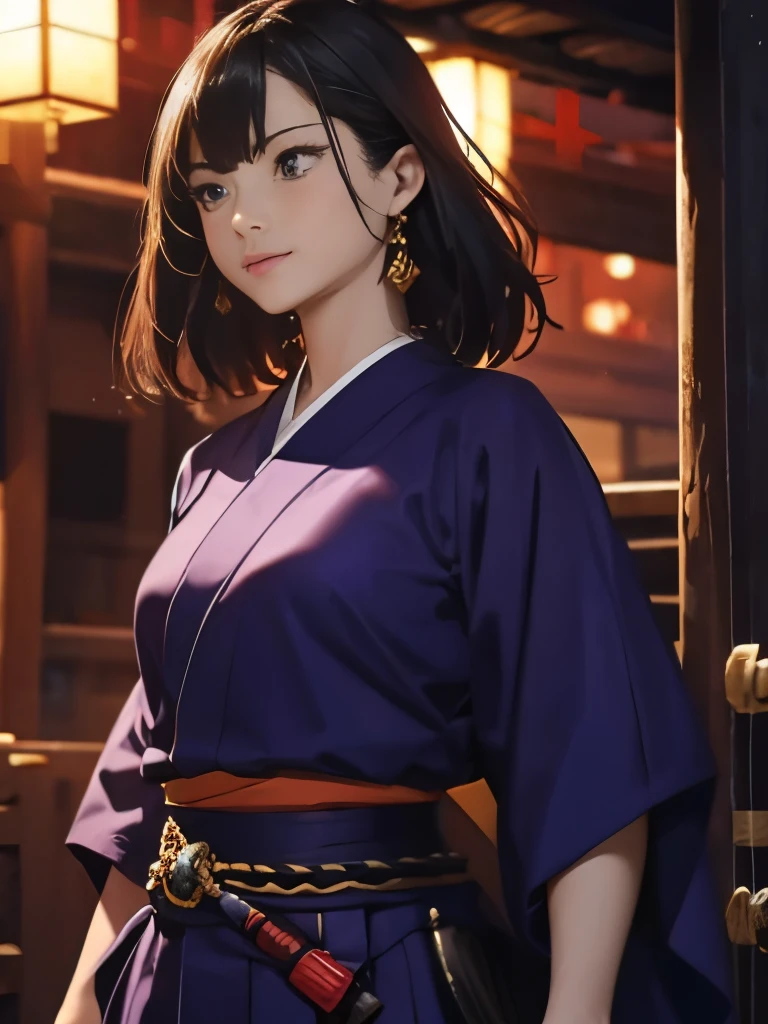 highest quality、black haired woman、Japanese、female swordsman、Purple Hakama、sharp eyes、Equipped with a sword at the waist、have a sword、wilderness at dusk、Middle Ages Japan