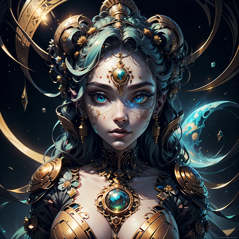 (best qualtiy,ultra - detailed,Most Best Illustration,Best shadow,tmasterpiece,A high resolution,professionalartwork,famousartwork),Detailed eyes,beautidful eyes,closeup cleavage,sci-fy,colored sclera,Robot eyes,face markings,Tattooed with,(fractalized,Fractal eyes),largeeyes,Wide eyes,(Eye focus),sface focus,Cosmic eyes,Space eyes,Close-up of metal sculpture of a woman with a moon in her hair,goddes。extremly high detail,3 d goddess portrait,Extremely detailed footage of the goddess,a stunning portrait of a goddess,Side image of the goddess,portrait of a beautiful goddess,Full body close-up portrait of the goddess,hecate goddess,portrait of a norse moon goddess,goddess of space and time