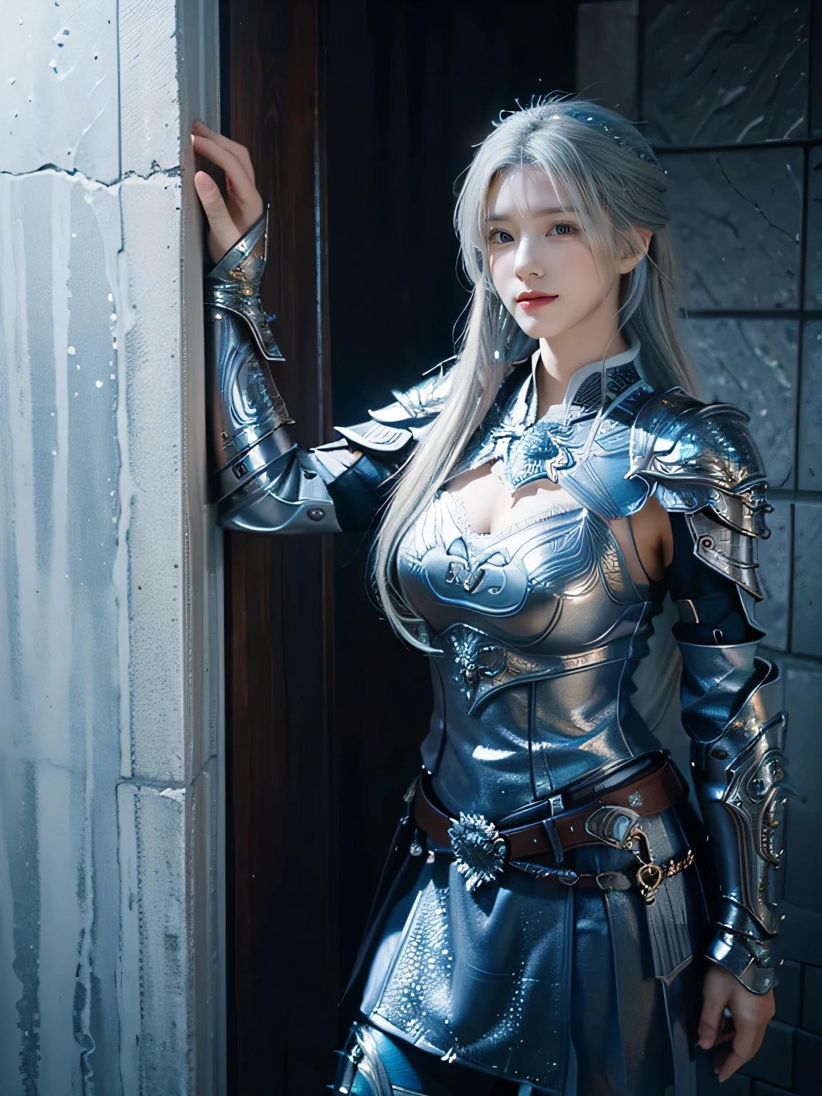 masterpiece,Best quality,A high resolution,8K,Original photo,real photo,Ancient city wall battlefield background,((field:1.8)),digital photography,(Female generals on the battlefield in the Han Dynasty),(((Standing on the ancient tower))),18-year-old girl,(long ponytail hairstyle),cparted lips,Full and erect breasts,Noble and charming,Elegant and serious,(Thick silver fish scale armor),Blue by Capelet,((Hair tied high,white hair)),The combination of white metal and red leather,Chest covered with gold armor,metallic luster,Leather buckle,Exquisite pattern,mysterious badge,Cool and gorgeouig breasts)),Chest groove,Three Kingdoms character painting style,Photo pose,oc render reflection texture,gloomy weather,charming smile,Head-up shot,