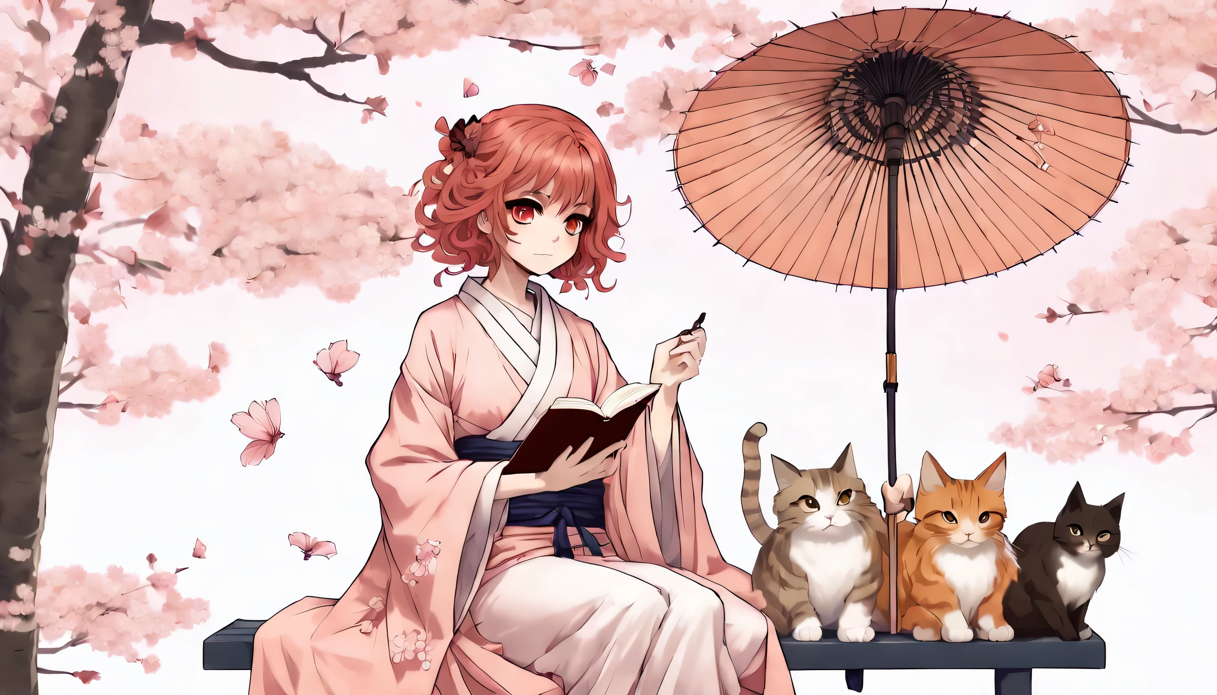 A sakura maiden with curly red hair and brown eyes, wearing a stylish salmon color kimono, sitting on a bench underneath a beautifully crafted parasol, reading a book, with a cat on her lap, using her hand to guide the wind, carrying intricate ornate petals from a cherry blossom tree behind her, (Sakura maiden, game Mary Skelter: Nightmares, aesthetics)
