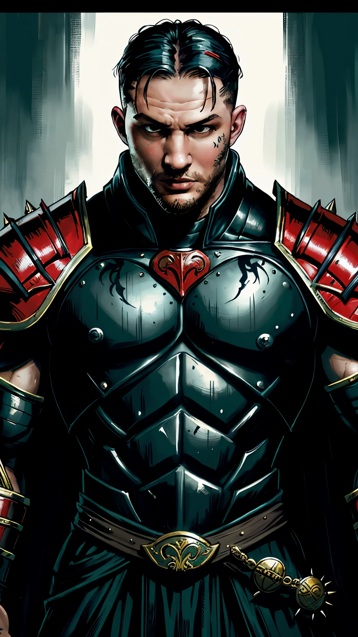 ((Tom Hardy)) as Reiko from Mortal Kombat, fighting standing, tall muscular man, fury haircut, wears crimson topless armor, spiked shoulder pads, face tattoo, menacing cape, 1man, solo, intricate, high detail, sharp focus, dramatic, photorealistic painting art by greg rutkowski