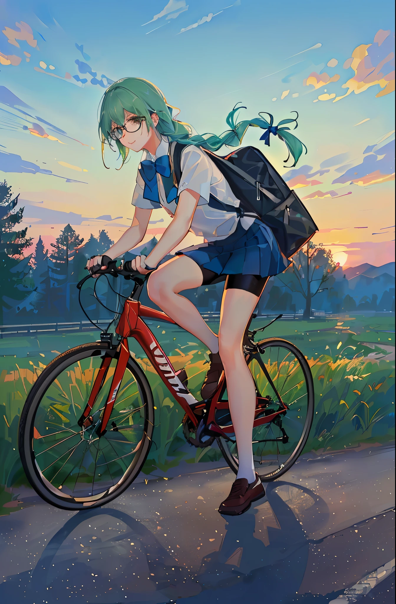 4k, highest quality, 1 girl, 18-year-old, light green hair, double fried dough twist braid, Low temperature fried dough twist braid, dark blue bow tie. dark blue pleated skirt, skirt strap, Glasses, vitality, vitality, girl, campus, cycling on campus, cycling, come home from school, evening, sunset light