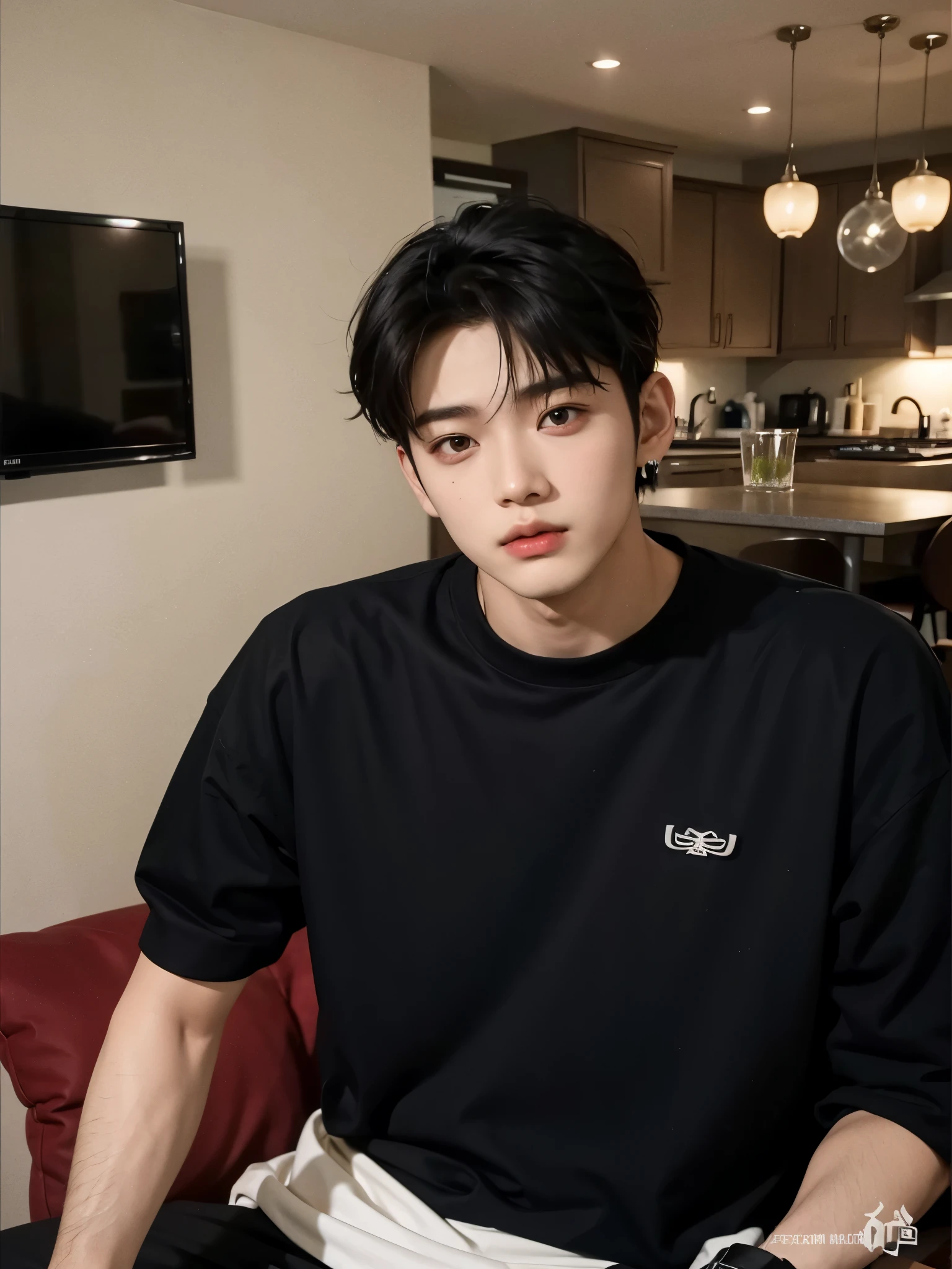 arafed man sitting on a sofa in a living room with a kitchen in the background, jinyoung shin, kim doyoung, he wears a black t-shirt, aesthetic jinyoung pimple, hombre surcoreano, cai xukun, pintar ulzzang, Un hombre guapo,pelo corto negro, inspirado por Zhang Han, 1 7-year-old boy with a thin face