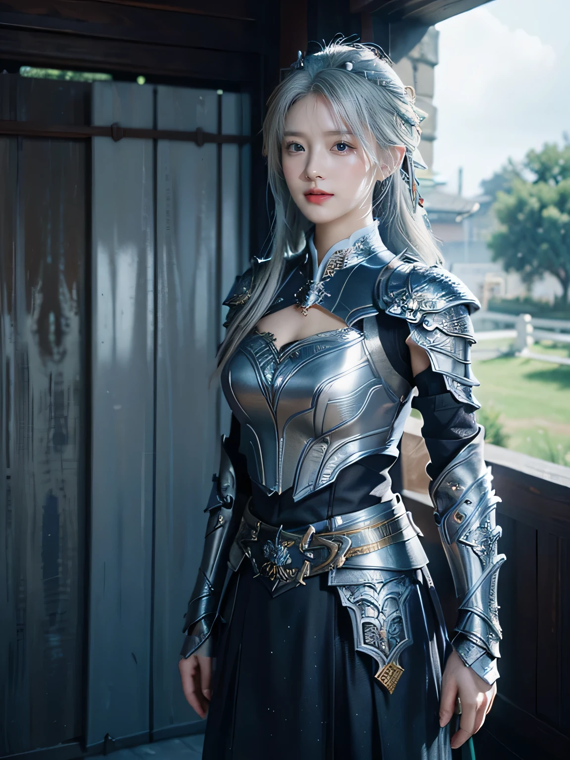 masterpiece,Best quality,A high resolution,8K,Original photo,real photo,Ancient city wall battlefield background,((field:1.8)),digital photography,(Female generals on the battlefield in the Han Dynasty),(((Standing on the ancient tower))),18-year-old girl,(long ponytail hairstyle),cparted lips,Full and erect breasts,Noble and charming,Elegant and serious,(Thick silver fish scale armor),Blue by Capelet,((Hair tied high,white hair)),The combination of white metal and red leather,Chest covered with gold armor,metallic luster,Leather buckle,Exquisite pattern,mysterious badge,Cool and gorgeouig breasts)),Chest groove,Three Kingdoms character painting style,Photo pose,oc render reflection texture,gloomy weather,charming smile,Head-up shot,