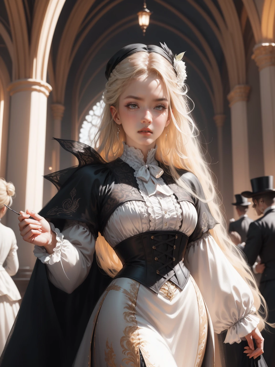 { - anatomy error}(Masterpiece - Ultra-detailed, very high resolution) Prepare to be enchanted by a true masterpiece that combines ultra-detailed art with high-resolution rendering. This work depicts a mesmerizing woman with very long blond hair (1.3) and captivating gray eyes (1.2), emanating an aura of elegance and mystery in Victorian settings. The intricate details and realistic textures invite you to explore every aspect of this enchanting composition. Woman wearing beautiful classic Victorian costume from the year 1878. Red lips. Happy face. Smiling. white (white) dress. Walking, backwads, looking back, dynamic poses. Get ready to dive into a world where beauty and craftsmanship merge perfectly.