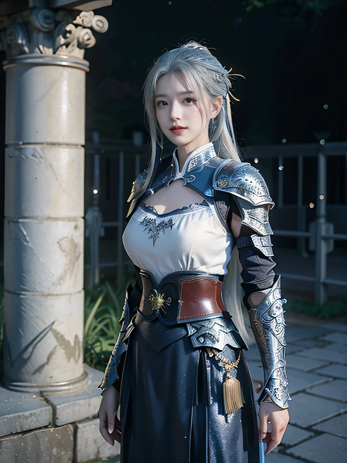 masterpiece，Best quality，A high resolution，8K，Original photo，real photo，Ancient city wall battlefield background,((field：1.8))，digital photography，(Female generals on the battlefield in the Han Dynasty)，(((Standing at the crenellations of the ancient city of Qin Dynasty)))，18-year-old girl，（long ponytail hairstyle)，cparted lips，Full and erect breasts，Noble and charming，Elegant and serious，(Thick silver fish scale armor），Blue by Capelet，((Hair tied high，white hair))，The combination of white metal and red leather，Chest covered with gold armor，metallic luster，Leather buckle，Exquisite pattern，mysterious badge，Cool and gorgeouig breasts))，Chest groove，Three Kingdoms character painting style，Photo pose，oc render reflection texture，gloomy weather，charming smile，Head-up shot，