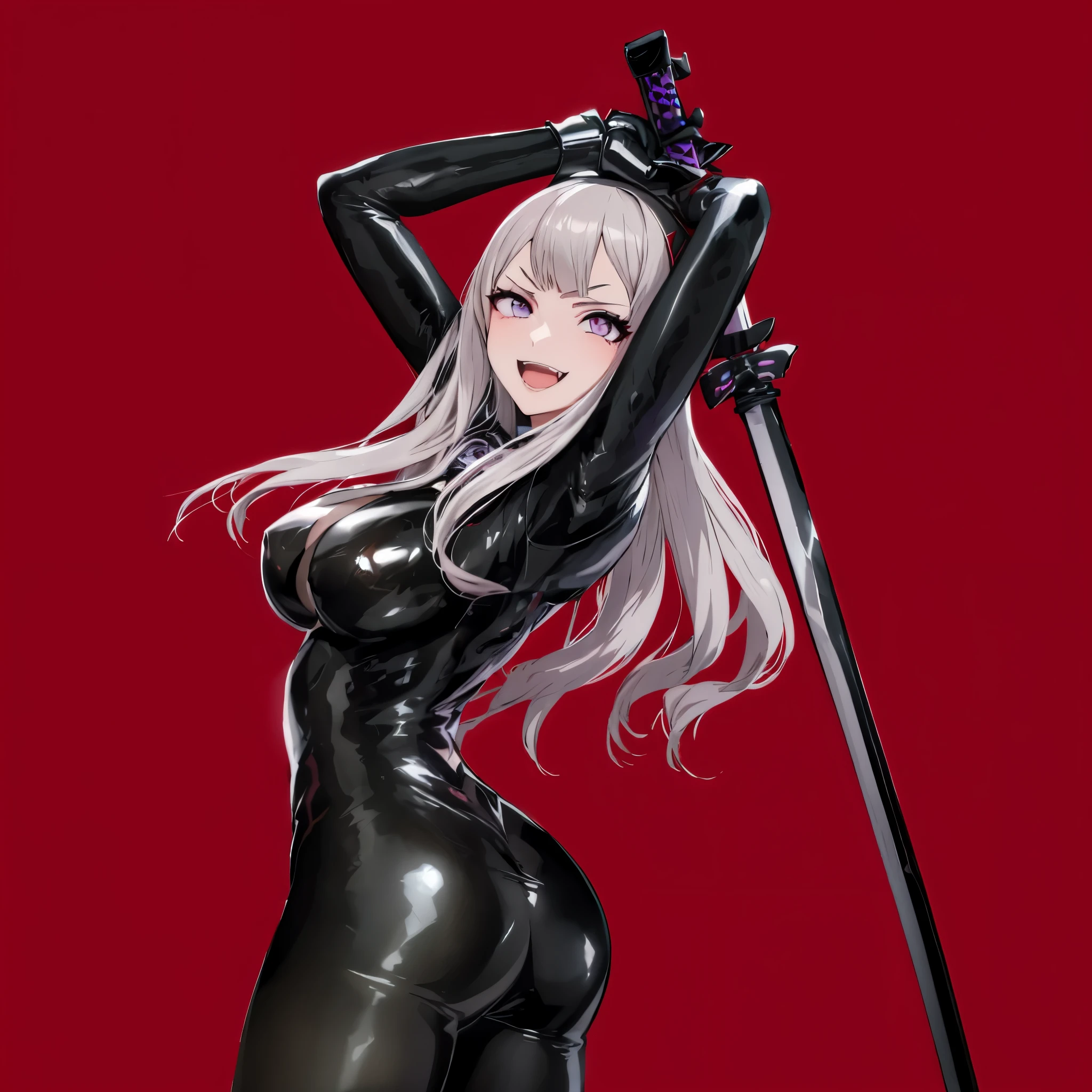 anime girl in latex with sword and purple lights, katana zero video game character, katanas strapped to her back, dramatic wielding katana pose, persona 5 art style wlop, cyborg - girl with silver hair, portrait ninja gaiden girl, katana, she is holding a katana sword, ann takamaki from persona 5, perfect anime cyborg woman, sorrindo, olhar sedutor, garota sexy
