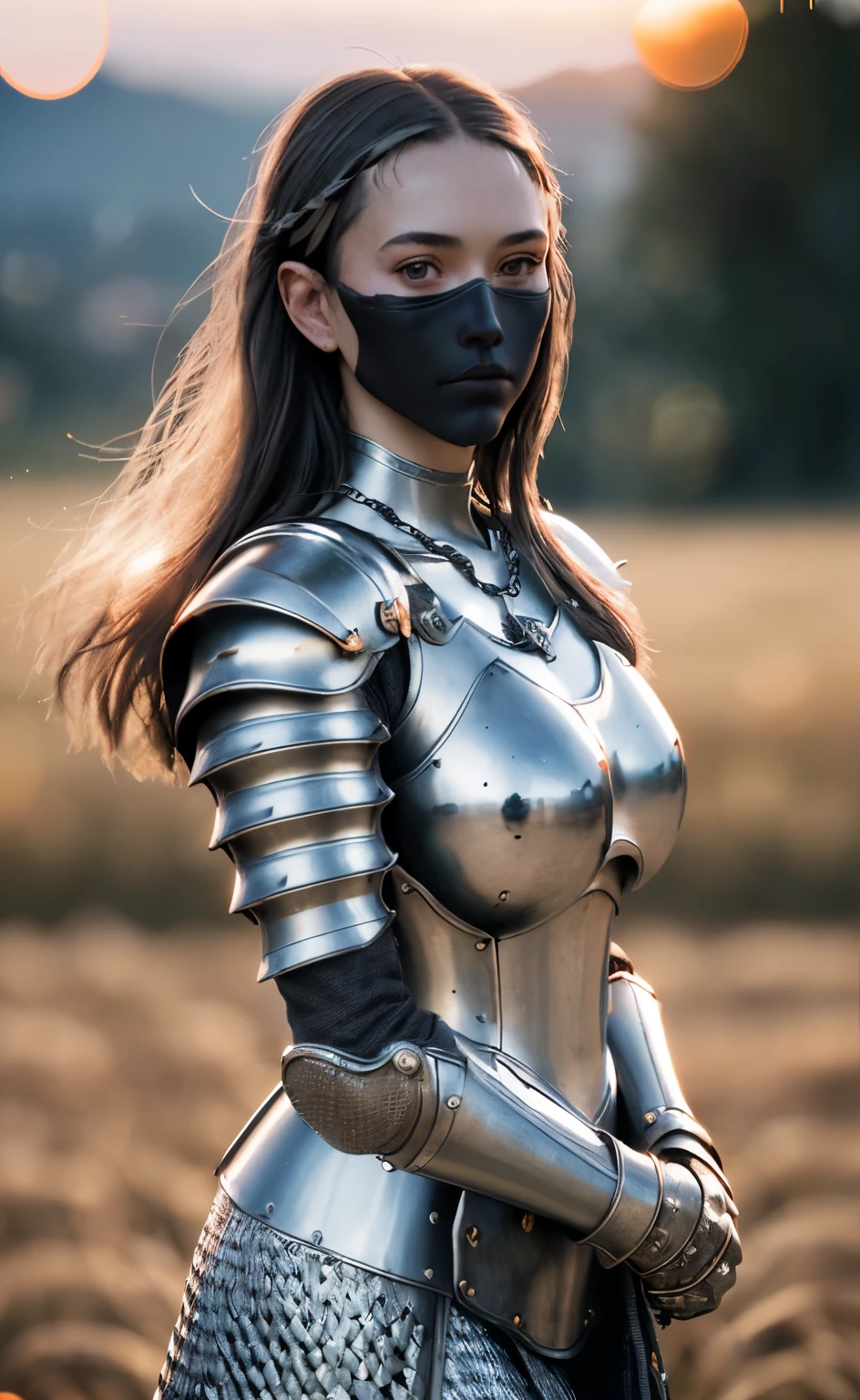 (masterpiece), (extremely complex:1.3), (actual), portrait of a girl, the most beautiful in the world, (medieval armor), metal reflection, Upper body, Outdoor activities, strong sunlight, distant castle, Detailed professional photo of a stunning woman, sharp focus, dramatic, Award-winning, light, Unreal Engine Octane Rendering, Volumedtx, (film grain, blurred background, Blurred foreground, Bokeh, depth of field, Sunset, motion blur:1.3), chain mail