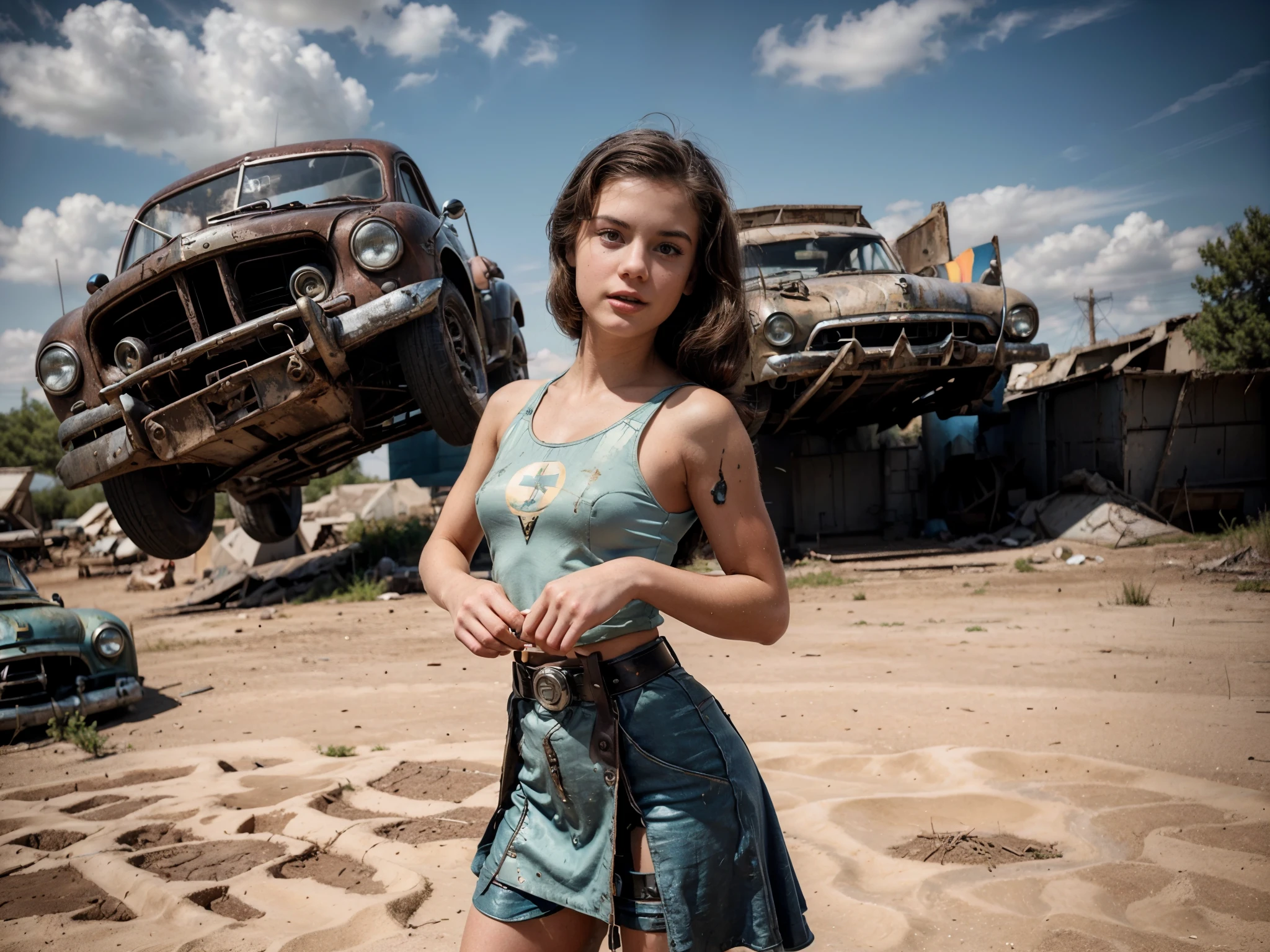 (1950retrofuturistic car hovering behind her). a teen little caprice dressed as a vault girl from fallout standing as a captivating figure amidst the desolation. close up. her physical appearance tells a story of tragic transformation and decay, evoking both fascination and a sense of unease. the teenage robot girl's youthful countenance her flesh, vibrant and alive, exposing patches of muscle. 1950retrofuturistic with 1950's wreaked cars in background.  dramatic linear delicacy, shot on Sony aiii high resolution digital camera, hyper realistic skin, global illumination, very natural features, TIME cover photo, f/11 --ar 2:3 --style raw --v6