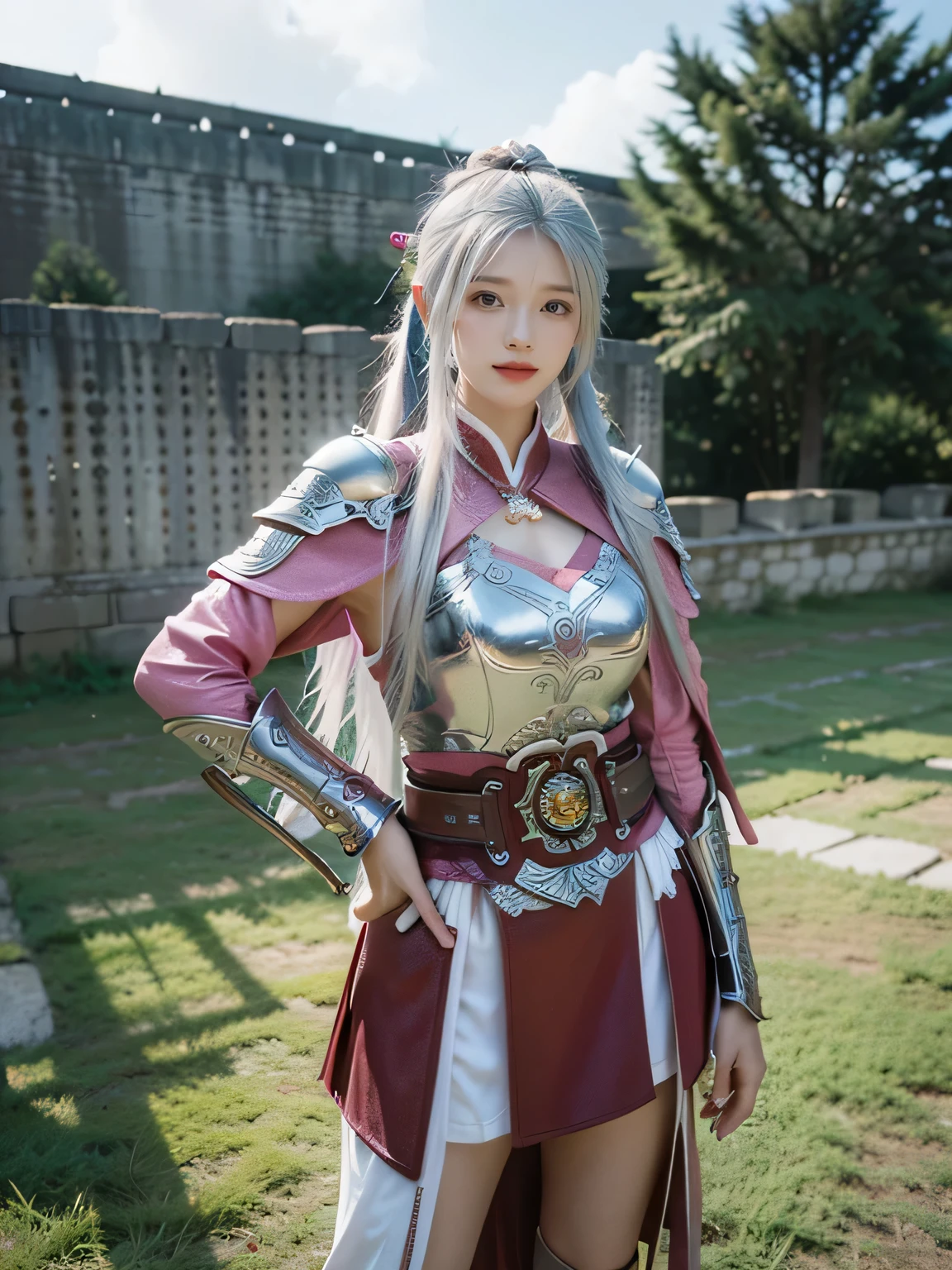 masterpiece，Best quality，A high resolution，8K，Original photo，real photo，Ancient city wall battlefield background,((field：1.8))，digital photography，(Female generals on the battlefield in the Han Dynasty)，(((Standing on the ancient city wall of Qin Dynasty)))，18-year-old girl，（long ponytail hairstyle)，cparted lips，Full and erect breasts，Noble and charming，Elegant and serious，(Thick silver fish scale armor），Pink cape，((Hair tied high，white hair))，The combination of white metal and red leather，Chest covered with gold armor，metallic luster，Leather buckle，Exquisite pattern，mysterious badge，Cool and gorgeouig breasts))，Chest groove，Three Kingdoms character painting style，Photo pose，oc render reflection texture，gloomy weather，charming smile，Head-up shot，