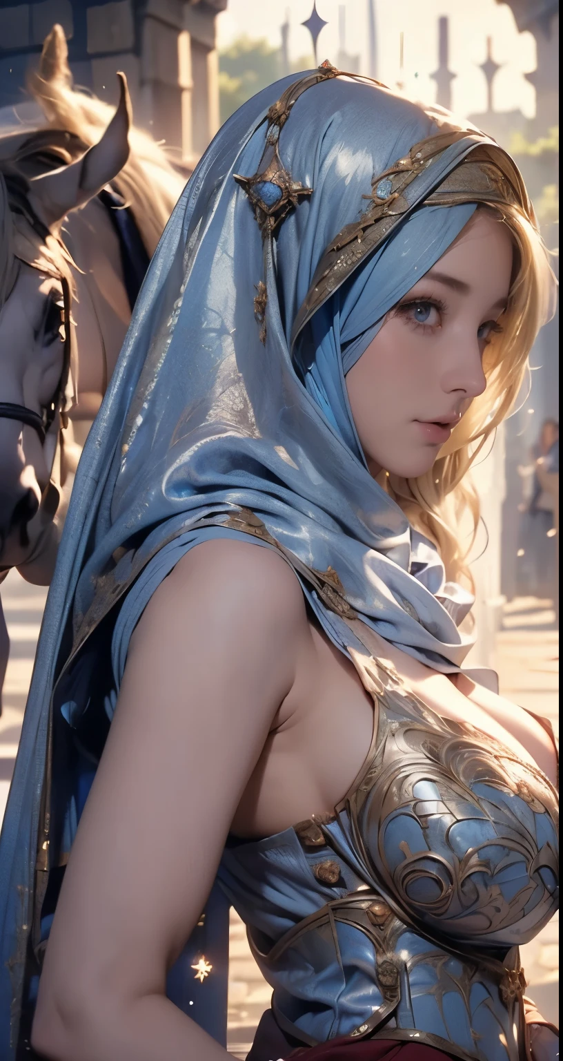 wearing a hijab , blue eye, blond hair, around , (golden silver hijab), tmasterpiece,Best quality at best,A high resolution,8K,((Portrait)),(upper body),Original photo,real photograph,digital photography,(Female princess in the medieval fantasy style),(Medieval princess in fantasy style), sexy princesblue eye, super colossal brest, round colossal breast extravagnament,cparted lips,Keep your mouth shuegant and charming,((Blushing)),virgin contempt,Calm and handsome,(Medieval fantasy dress,The Beautiful super huge round breast, small waist, t colossal breast of princess body, a elicate pattern,red Cloak),(princes medieval character medieval fantasy style,oc render reflection texture, sexy style, sexy colossal breastmedieval castbackground, sly, very small waist,