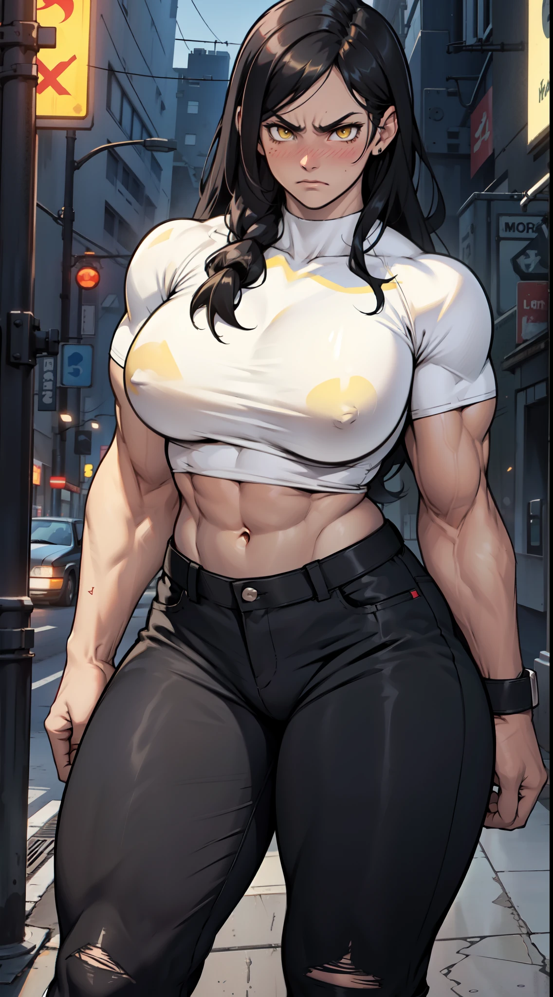 1girl, extremely long hair, solo, ((muscular)), veins, black hair, yellow eyes, blushing, thick thighs, pale skin, strong, veins, abs, big thighs, huge breasts, navel, standing, angry, tight pants, tight shirt