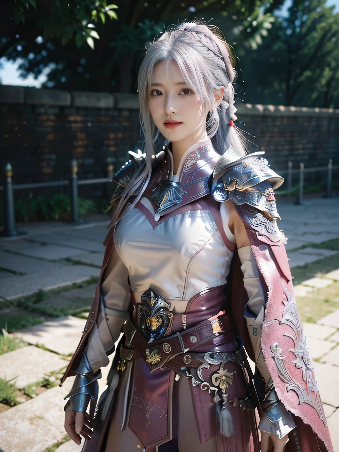 masterpiece，Best quality，A high resolution，8K，Original photo，real photo，Ancient city wall battlefield background,((field：1.8))，digital photography，(Female generals on the battlefield in the Han Dynasty)，(((Stand on the city wall)))，18-year-old girl，（long ponytail hairstyle)，cparted lips，Full and erect breasts，Noble and charming，Elegant and serious，(Thick silver fish scale armor），Pink cape，((Hair tied high，white hair))，The combination of white metal and red leather，Chest covered with gold armor，metallic luster，Leather buckle，Exquisite pattern，mysterious badge，Cool and gorgeouig breasts))，Chest groove，Three Kingdoms character painting style，Photo pose，oc render reflection texture，gloomy weather，charming smile，Head-up shot，