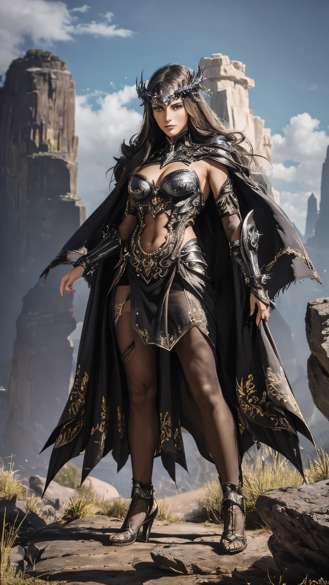 (ultra-detailed,highres,best quality:1.2), sinister Villainess Armored with alien powers and rock-based abilities, elegant Alien Princess adorned in Asymmetrical Stylized Armor in shades of Green and Brown with intricate rock-inspired design, vibrant earth tones, majestic presence, imposing aura, glowing gemstone accents, laser-sharp eyes, ethereal beauty, powerful stance, mystical energy emanating from her hands, flowing cape billowing in the wind, surreal landscape with towering rock formations, lush vegetation, mystical fog, alien artifacts, contrasting light and shadow, atmospheric lighting, otherworldly ambiance