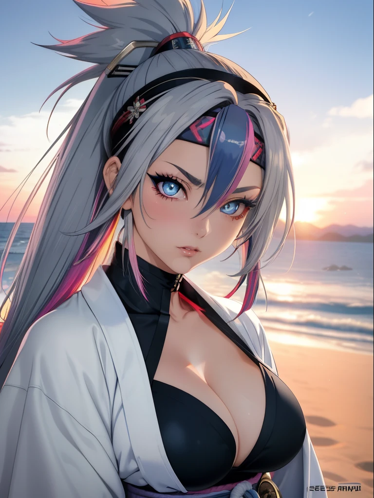 1990s (style), 90s anime, grey hair, multicolored hair, fantasy, kunoichi, 1girl, solo, headband, inspired by Shirow Masamune, close up, sunset, japanese clothing, medieval, sexy armor, retro anime, sharp, defined lines, detailed, standing on beach, cleavage, makeup, beautiful face, gorgeous eyes.