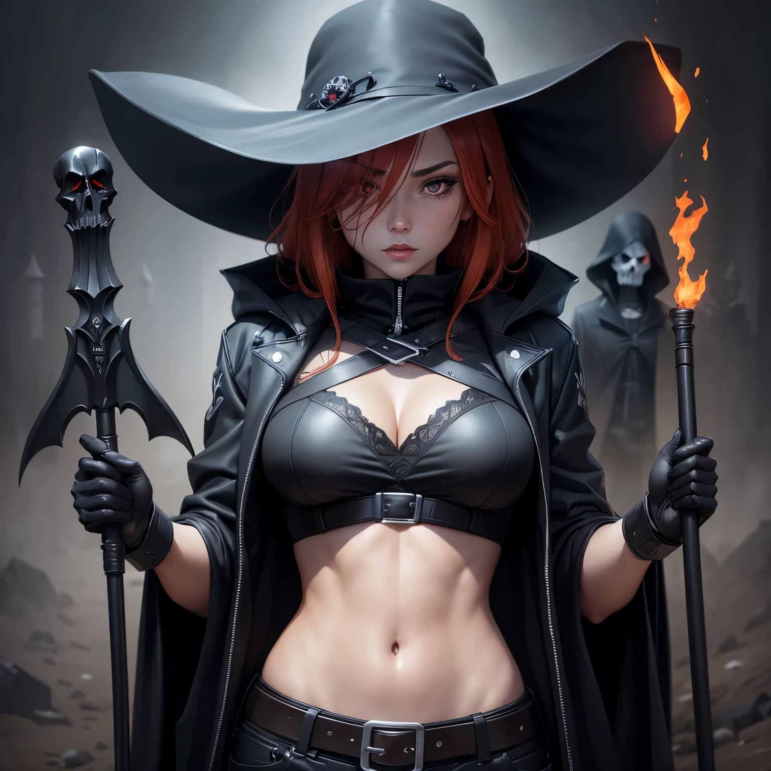 There is a beautiful demonic witch standing in the middle of raging fire storm, her hair is fire it self, eyes like embers she dressed in beauriful sexy long black robe with red parts and golden jewlery, (ultra high quality fantasy art, dafk fantasy style, masterpiece, ultra highquality character design, 8k quality anime art, realistic anime art, top quality wallpaper illustration, detailed ultra high quality acurate face, highquality design and acurate physic)