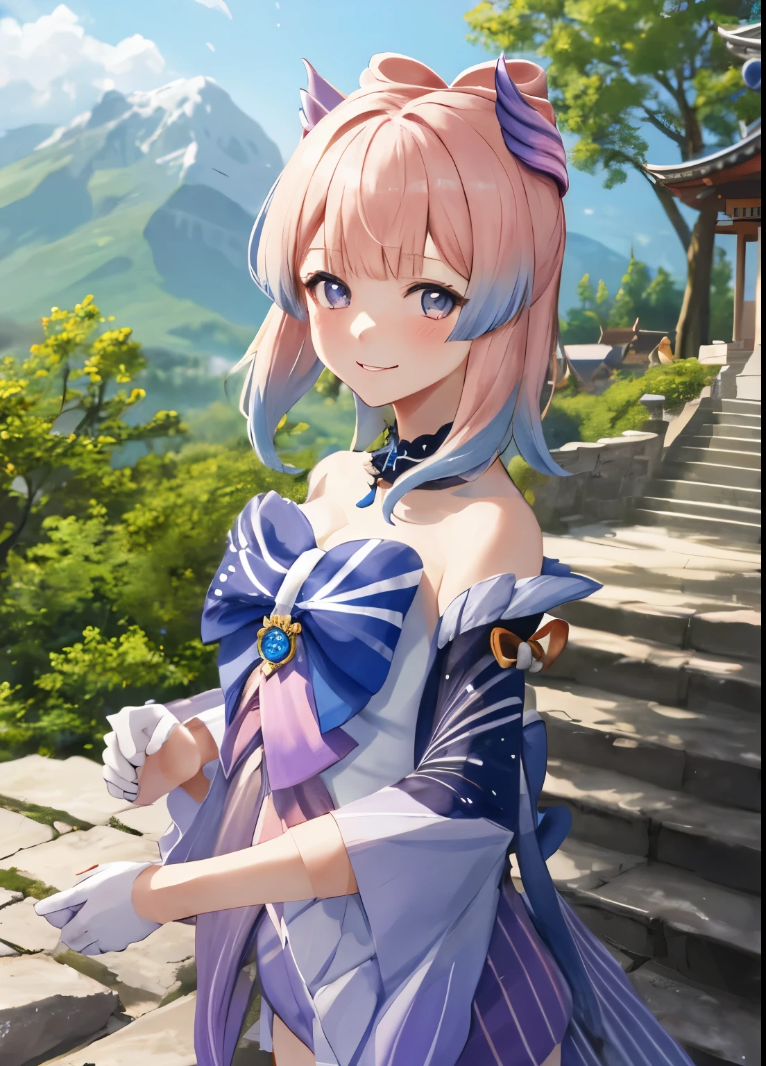 kokomidef, upper body, smile, blush, outdoors, day, simple background, blue sky, short hair, sky, temple, looking at viewer, stairs, mountain, moody lighting, facing viewer,