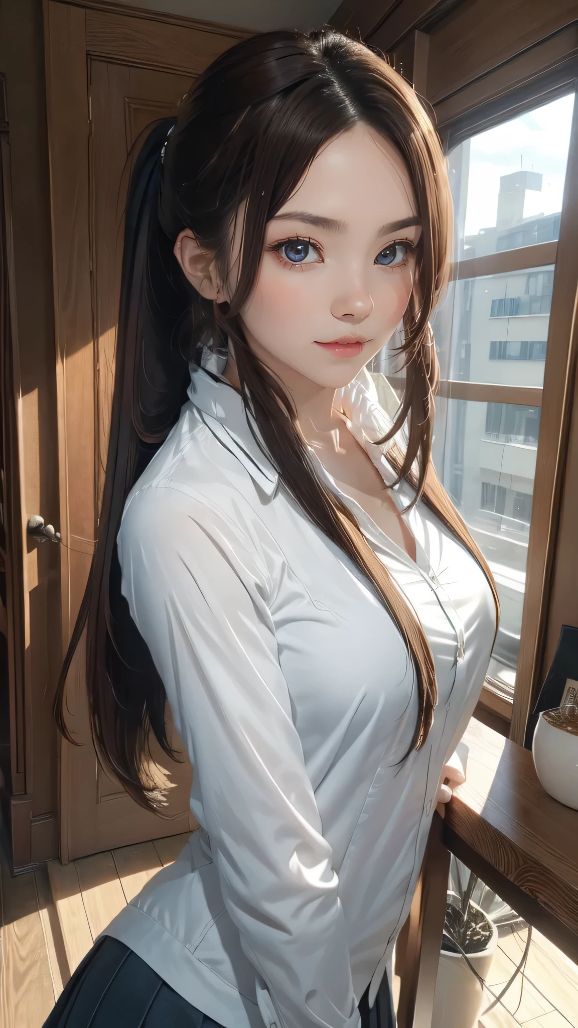 (random sexy pose:1.5),(highly detailed skin),beautiful胸,(big breasts),white skin,pointed chest,erect nipples,(fantasy art,best image quality,surrealist portrait,(8k),Super realistic,最high quality, high quality, High resolution, high quality texture,high detail,beautiful,Detailed,Very detailed CG,detailed texture,realistic expression of face,masterpiece,sense of presence,dynamic,bold),ponytail,(super thin hair),(super soft hair),(ultra straight hair:1.5),long flowing bangs,extra light coppery amber hair,hair above one eye,dressed,school uniform