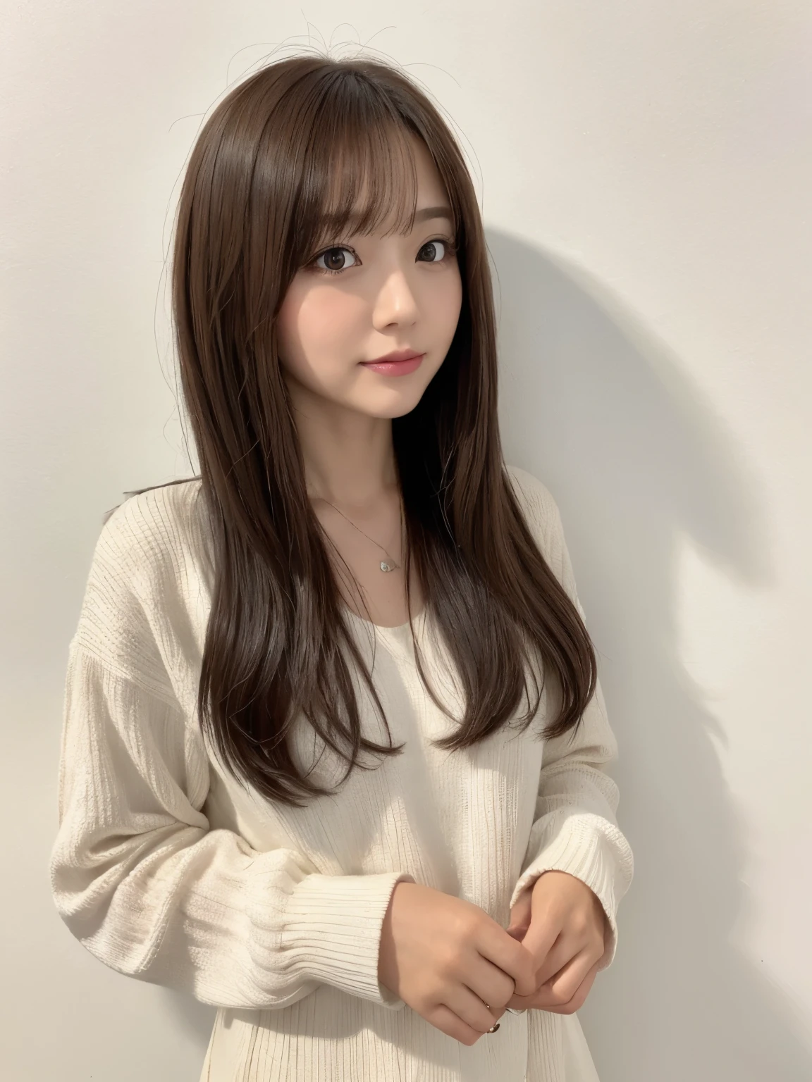 (Highly realistic photos, High resolution, detailed face, fine eyes), ((Taken in front of a white wall))、japanese woman, 40 years old, various expressions, alone:1, slim figure, different hairstyles, casual clothes, Only one person appears in the photo、long sleeve dress、Photographed in natural light、simple necklace、spring clothes、don&#39;t look at the camera、profile、dark brown hair color、bob hair、hands are down