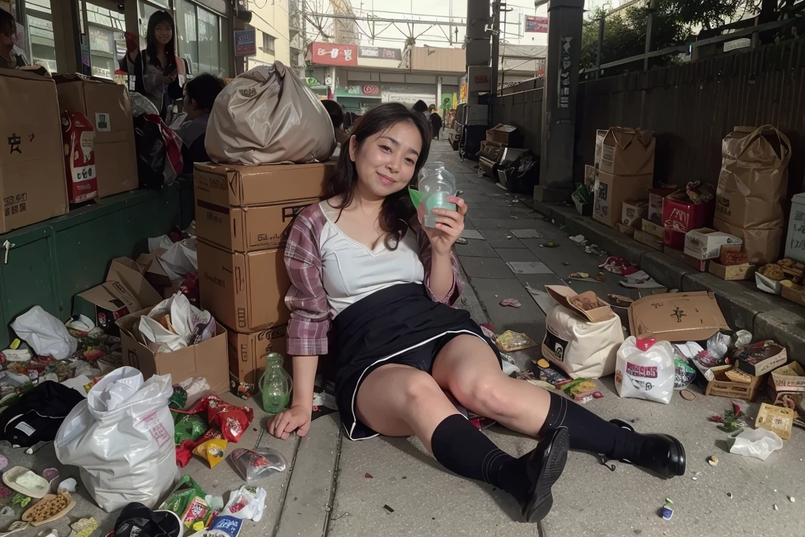 Highest image quality、highest quality、highest resolution、masterpiece、portrait、45 years old、((There are 4 slender beautiful mature women))、((light brown long curly hair))、((full body shot))、looking at camera、shot at low angle、((I drank too much whiskey and got quite drunk.:1.2))、pretty sleepy face、smile、cheeks are red、(Are thin:1.5)、Fashion colors are coordinated with elegant hues、Patterned blouse and navy miniskirt、roll up the skirt yourself、Beautiful jacket、lace bra and panties、garter belt and stockings、high heels、Shoulder bag、((The location is the sidewalk in front of Ueno Station during the day.))、((cardboard is laid out))、((Garbage such as underwear、Clothes、Empty whiskey bottle、plastic juice bottle、lunch box container、and bags of snacks are scattered around her:1.5))