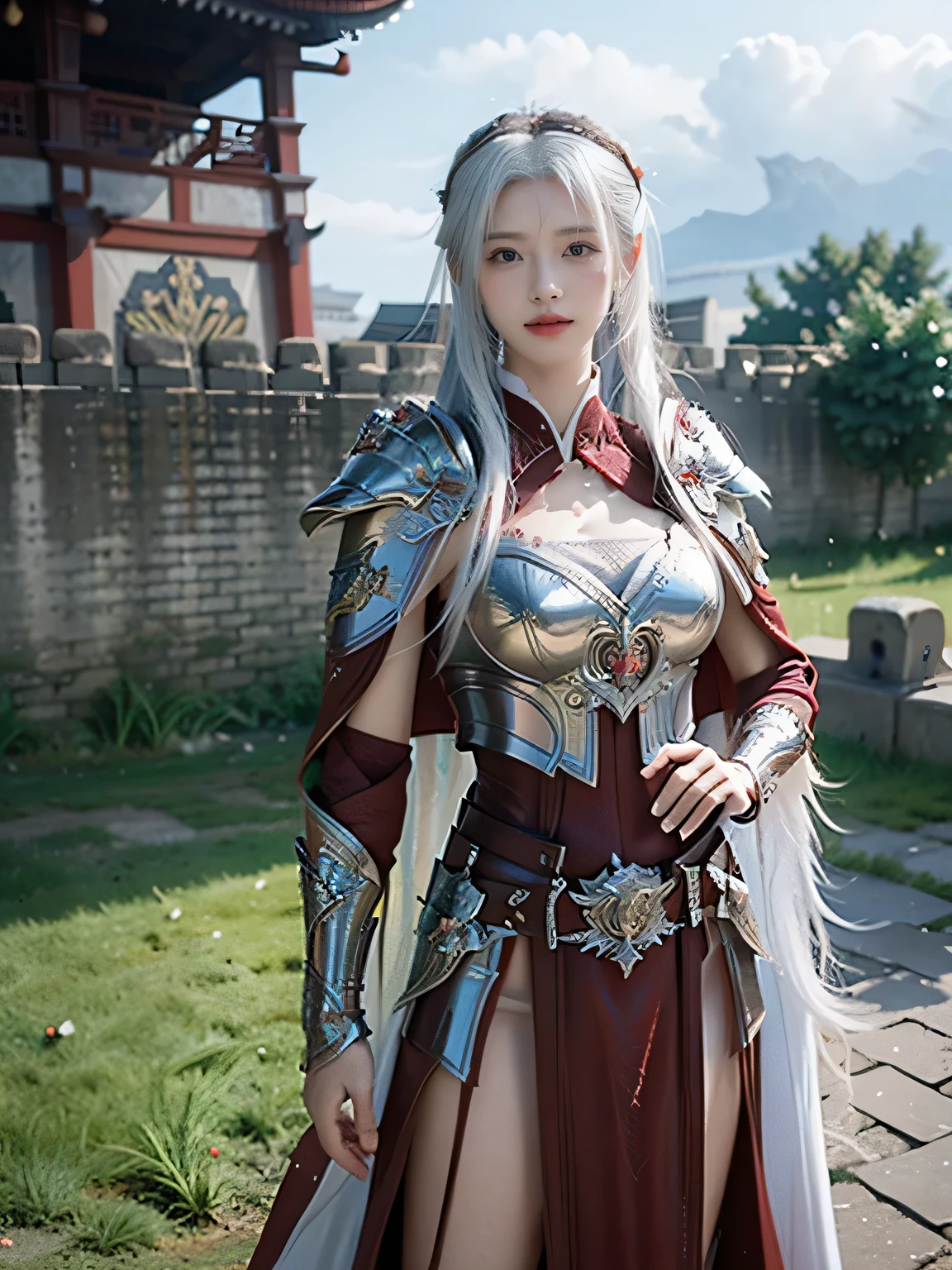masterpiece,Best quality,A high resolution,8K,Original photo,real photo,Ancient city wall battlefield background,((field:1.8)),digital photography,(Female generals on the battlefield in the Han Dynasty),(((Stand on the city wall))),18-year-old girl,(long ponytail hairstyle),cparted lips,Full and erect breasts,Noble and charming,Elegant and serious,(Thick silver fish scale armor),Bright red cape,((Hair tied high,white hair)),The combination of white metal and red leather,Chest covered with gold armor,metallic luster,Leather buckle,Exquisite pattern,mysterious badge,Cool and gorgeouig breasts)),Chest groove,Three Kingdoms character painting style,Photo pose,oc render reflection texture,gloomy weather,charming smile,Head-up shot,