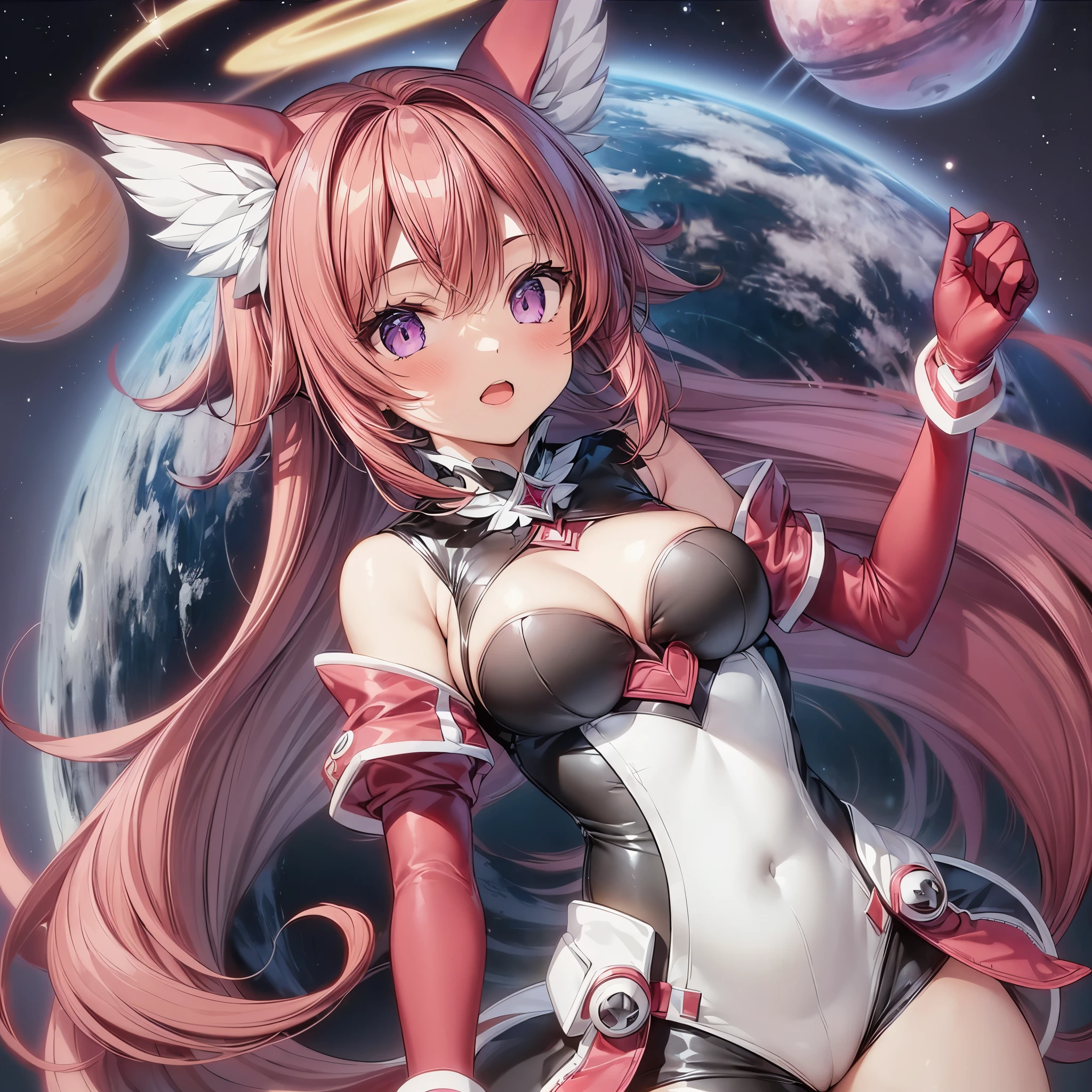 1girl, long red hair, ((detailed violet eyes)), (white and black and red half bodysuit), (((big breasts))), ((red elbow gloves)), planets in the background, (masterpiece), high res