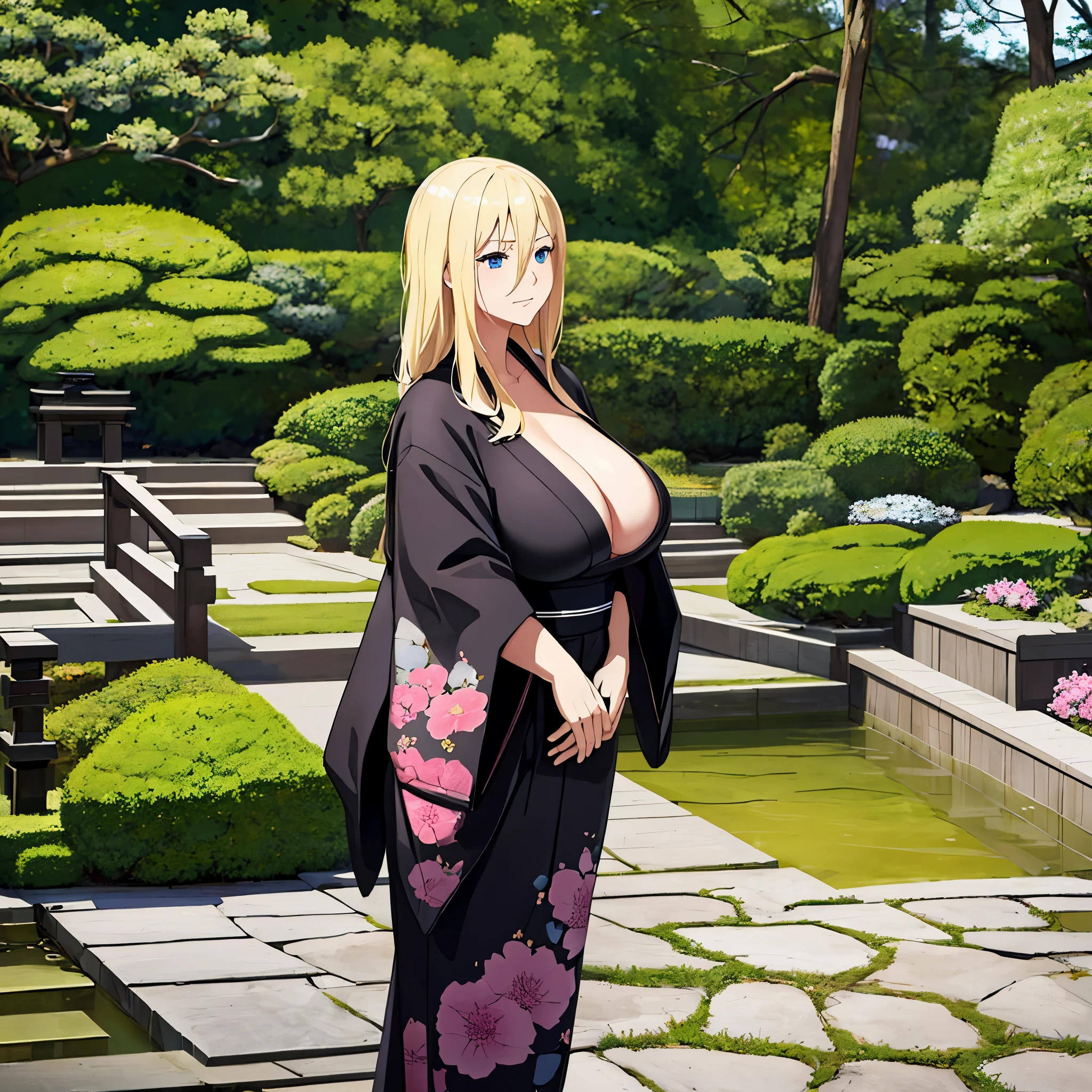 a woman wearing black kimono, blonde hair, faint blue eyes, in a Japanese garden, big breasts